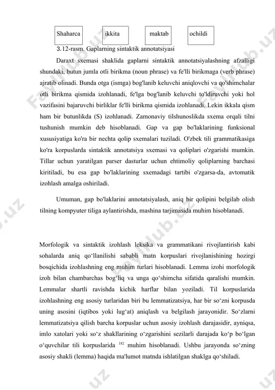 har bir nutq birligiga lemma izohi berilmoqda. korpus tilshunosligidagi tadqiqotlar turlicha bo‘lishining yana bir usuli lingvistik tahlillarning korpus ma'lumotlarining o‘zida kodlanganligi yoki yo‘qligi bilan bog‘liq. korpus izohi deb ataladigan bunday kodlashga ma'lumotlami tahrirlash yoki tarkibiga ba'zi tahlillami kiritish yoki tahlilni alohida saqlash, ma'lumotlar bilan bog‘lanish orqali erishish mumkin 183. agar korpusda tilning katta miqdordagi namunalari lingvistik belgilar orqali teglangan bo‘lsa, keyinchalik korpusdan matnlami avtomatik teglash funksiyasidan bemalol foydalanish mumkin bo‘ladi. albatta, o‘zbek tilida ingliz tilida mavjud avtomatik teggerlar bo‘lmaganligi sababli izohlash ishlari qo‘l mehnati orqali amalga oshiriladi. masalan, kontekstdagi har bir so‘ zga grammatik toifa berib, nutq qismlarini ko‘rsatishimiz uchun korpusga izohlashni kiritishimiz kerak. kiritilgan izoh saqlanadi, har safar xuddi shunday nutq qismi kontekstda uchraganda avtomatik izohlanadi. masalan, saylovchilarning so‘ zi [morf. ot+ko‘p+ qark+yas, sem. aot] tarzida izohlanadi, belgilar orqali belgilanadi. morfologik korpus izohi biroz murakkab, bajarilishi qiyindek tuyulishi mumkin, aslida tilshunoslar uchun uzoq yillar davomida ko‘z va qo‘l mehnati …