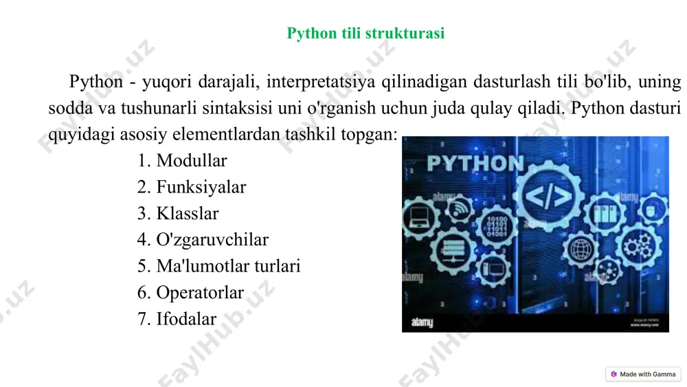 r) # joriy sana va vaqt ma'lumotlar turlari sonlar butun sonlar (integer), o'nlik sonlar (float) va murakkab sonlar (complex). matnlar matnlar (string) qo'shtirnoq ichida yoziladi. mantiqiy qiymatlar mantiqiy qiymatlar (boolean) true yoki false bo'ladi. ro'yxatlar ro'yxatlar (list) tartibda joylashtirilgan ma'lumotlar to'plamini o'z ichiga oladi. 6 ma'lumotlar turlari python dinamik tipli til bo'lib, o'zgaruvchilar turini avtomatik aniqlaydi. asosiy ma'lumotlar turlari: 1. int - butun sonlar yosh = 25 temperature = -5 2. float - o'nlik kasr sonlar vazn = 75.5 pi = 3.14159 3. str - matnli ma'lumotlar ism = "alisher" manzil = 'toshkent shahri' 4. bool - mantiqiy qiymatlar student = true ishlaydimi = false 5. list - ro'yxatlar mevalar = ['olma', 'anor', 'banan'] sonlar = [1, 2, 3, 4, 5] 6. tuple - o'zgarmas ro'yxatlar koordinatalar = (41.2995, 69.2401) ranglar = ('qizil', 'yashil', 'ko\'k’) 7. dict - lug'atlar talaba = { 'ism': 'alisher', 'yosh': 20, 'kurs': 2 } o'zgaruvchilar …