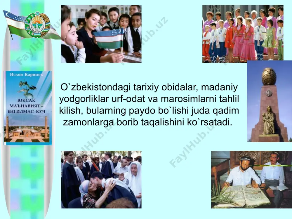 an`at va milliy adabiyot; — axloqiy fazilatlar; — diniy qadriyatlar; — urfodat, an`ana va marosimlar; — ma`rifat, ta`limtarbiya va hokazolar. milliy ma`naviy meros, qadriyatlarning tarkibi, ko`rinishlari milliy ma`naviy meros va qadriyatlar tushunchasi keng qamrovli tushuncha bo`lib, uning tarkibi quyidagilardan iborat: milliy ma`naviy qadriyatlar tizimida tarixiy meros va tariosiy xotira muhim o`rin tutadi. ma`naviyatni yuksaltirish va xalqning ruhini ko`tarishda tarixiy meros hamda tarixiy xotiraning juda katta ahamiyati bor. tarixni haqqoniy o`rganish, undan saboqlar chiqarish lozim. o`zbek xalqi jahon madaniyati hazinasiga munosib hissa qo`shgan millatlar qatoridan faxrli o`rinni egallaydi. madaniy yodgorliklar, me`morchilik san`ati namunalari, qadimiy qo`lyozmalar — milliy ma`naviyatning bebaho durdonalari, xalqimiz uchun eng qadrli va muqaddas bo`lgan boyliklardir. bularni avaylabasrash, kelajak avlodlarga yetkazish ma`naviyat sohasidagi eng dolzarb vazifadir. lm-fan va uning yutuchushri — milliy yoki hududiy chegaradan chiqadigan, butun jahon e`tirof etadigan, umuminsoniyatga xizmat qiladigan boylikdir. biroq olimning ijodi va uning ilmiy kashfiyoti, avvalo, uning millati va vatanini dunyoga tanitadi, milliy …
