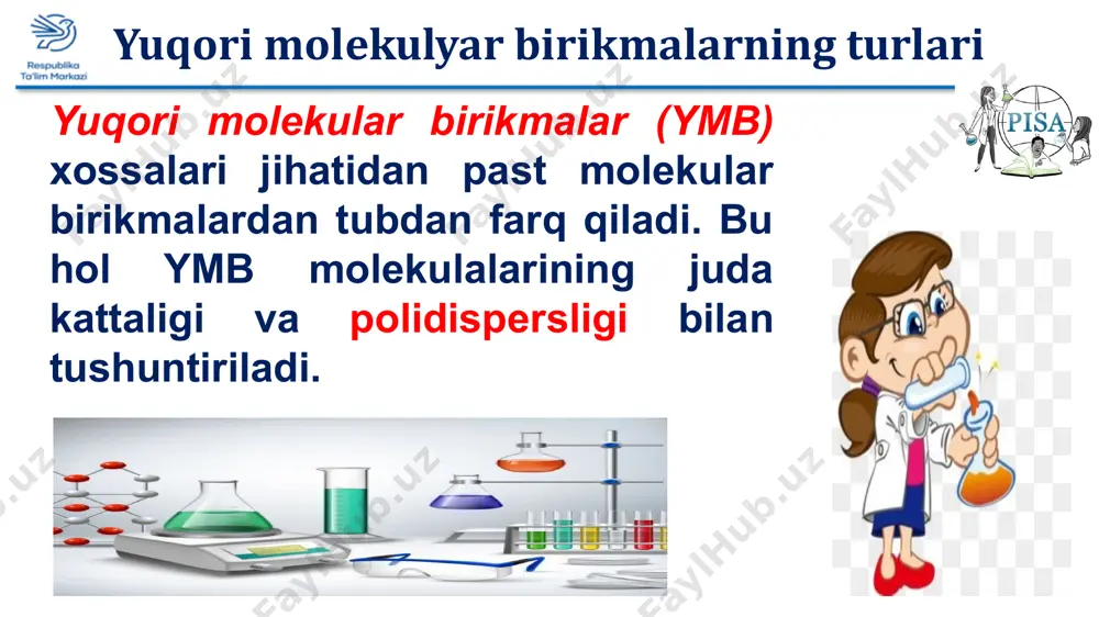 ar (ymb) xossalari jihatidan past molekular birikmalardan tubdan farq qiladi. ha/ yo’q yuqori molekular birikmalar kelib chiqishi bo‘yicha 3 ga bo‘linadi ha/ yo’q sun’iy ymb tabiiy yuqori molekular birikmalarni kimyoviy qayta ishlash natijasida hosil qilinadi. ha/ yo’q sun’iy ymblar sintetik-plastik massalar, kauchuklar va sintetik tolalar kiradi. ha/ yo’q * “ha – yo’q” o’yini yuqori molekular birikmalar (ymb) xossalari jihatidan past molekular birikmalardan tubdan farq qiladi. ha yuqori molekular birikmalar kelib chiqishi bo‘yicha 3 ga bo‘linadi ha sun’iy ymb tabiiy yuqori molekular birikmalarni kimyoviy qayta ishlash natijasida hosil qilinadi. ha sun’iy ymblar sintetik-plastik massalar, kauchuklar va sintetik tolalar kiradi. yo’q uyga vazifa 151-bet, 2-topshiriq e’tiboringiz uchun rahmat