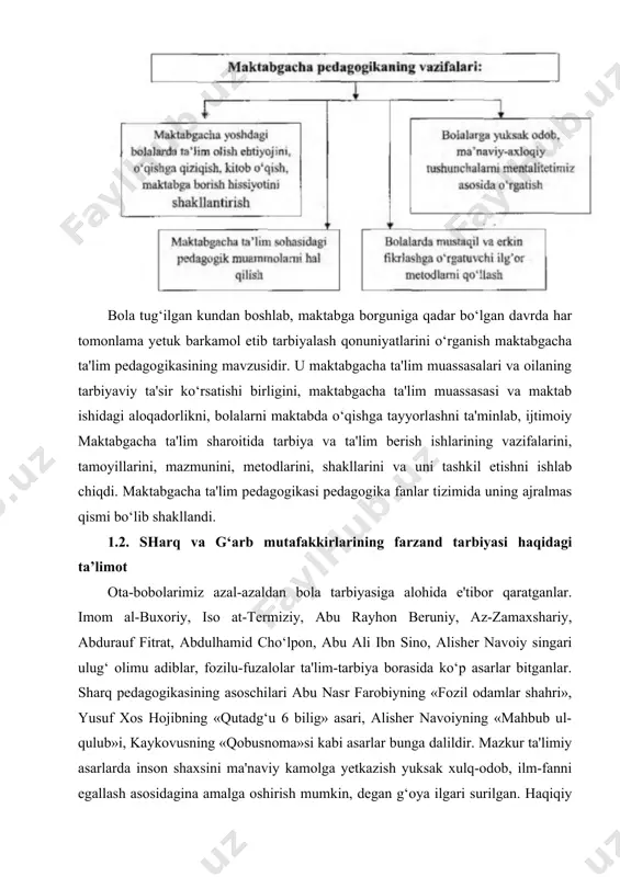 i, unda riimalarga e'tibor berish zarurligi, tatim-tarbiya usul va uslublari haqida fikr yuritilgan. «fozil odamlar shahri», «baxt-saodatga erishuv to‘g‘risida», «ilmlarning kelib chikishi» kabi maorifiy asarlarida olimning tarbiyaviy qarashlari o‘z ifodasini topgan. abu rayhon beruniyning bilimlarni egallash yo‘llari haqidagi fikrlari hozirgi davr uchun ham dolzarbdir. o‘quvchiga bilim berishda ularni zeriktirmaslik, uzviylik, izchillik va hokazolarni e'tiborga olish kerakligini uqtiradi. beruniy insongamolotida uch narsa muhimligini ta'kidlaydi. bu hozirgi zamon pedagogikasida e'tirof etiluvchi irsiyat, muhit va tarbiyadir. ibn sino insonlarni kamolotga erishishining birinchi mezoni sanalgan bilim egallashga da'vat etadi. bilimsiz kishilar johil bo‘ladi, ular haqiqatni bila olmaydilar, ular yetuk bo‘lmagan kishilar deydi. ibn sino bilim olishda bolalarni yengildan og‘irga borish orqali bilim berish, olib boriladigan mashqlar bolalar yoshiga mos bo‘lishi, bilim berishda bolaning qiziqishi va qobiliyatlarini hisobga olish, o‘qitishni jismoniy mashqlar bilan olib borish kerakligini uqtiradi. pedagogik fikr rivojlanishida rus pedagogi k.d.ushinskiyning pedogogik, nazariy qarashlari «inson tarbiya predmeti sifatida» degan mukammal asarida bayon qilib …