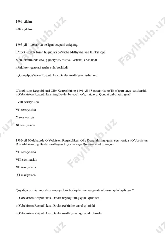 dda 23 modda 1994-yilda qaysi vatandoshimiz tavalludining 600 yilligi nishonlangan? imom al-moturidiy mahmud az-zamaxshariy zahiriddin muhammad bobur mirzo ulug'bek konstitusiyaviy komissiya o’zbekiston respublikasining konstitusiyasini (eski tahrirdagi) ishlab chiqish ustida necha yil ish olib borgan? 2,5 yil 1,5 yil 3,5 yil 5 yil 1992-yil yanvarda o‘zbekistonda....? o`lim jazosi bekor qilindi ikki palatali parlament tizimiga o’tildi milliy olimpiya qo‘mitasi tuzildi milliy valyuta-so’m momulaga kiritildi yurtimizda o`lim jazosi qachondan boshlab bekor qilingan? 2008-yilning 1-yanvaridan boshlab 2005-yilning 1-yanvaridan boshlab 2000-yilning 1-yanvaridan boshlab 2010-yilning 1-yanvaridan boshlab “g‘oyaga qarshi faqat g‘oya, fikrga qarshi faqat fikr, jaholatga qarshi faqat ma’rifat bilan bahsga kirishish, olishish mumkin”, degan so’zlar muallifini aniqlang? abdulla avloniy islom karimov ahmad yassaviy alisher navoiy mustaqillik yillarida qaysi vatandoshimizning 850 yilligi keng nishonlangan? bahouddin naqshbandiy abu mansur al-moturidiy najmiddin kubro abu iso at-termiziy mustaqillik yillarida qaysi vatandoshimizning 920 yilligi keng nishonlangan? bahouddin naqshbandiy abu mansur al-moturidiy mahmud az-zamaxshariy najmiddin kubro mustaqillik yillarida xo‘ja ahror valiy …