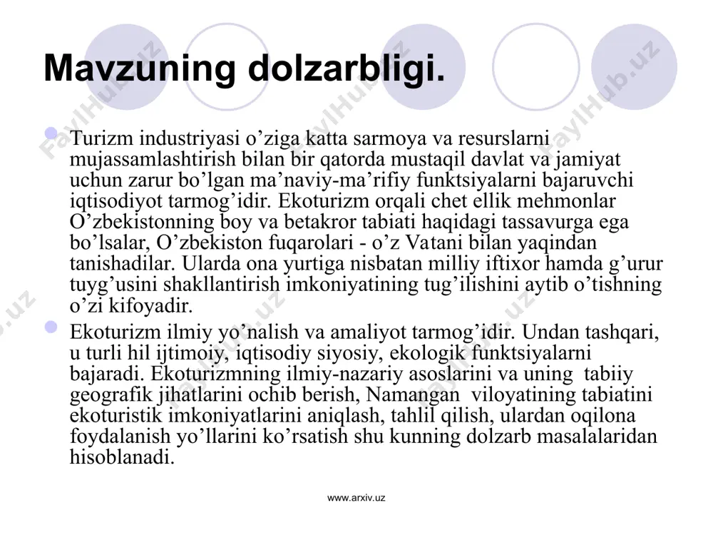 гилардан иборат: ekoturizmning ilmiy yo’nalish va amaliyot tarmog’i ekanligi; namangan viloyatida ekoturizmning tabiiy geografik jihatlari; viloyatning ekoturistik imkoniyatlarini baholash uslubi va mezonlari; -viloyatning ekoturistik rayonlari va marshrutlari ishlab chiqilgan www.arxiv.uz www.arxiv.uz * tadqiqot natijalarining ilmiy va amaliy ahamiyati tadqiqot natijalari va olingan ilmiy xulosa, kartografik materiallar, rejalashtirilgan ekoturistik marshrutlar va ularni o’tkazish bo’yicha tavsiyalar namangan viloyatida tabiatidan ekoturistik maqsadda foydalanishning tabiiy geografik asosini yaratib beradi. undan joyning regional va mahalliy tabiiy imkoniyatlaridan kelib chiqqan holda ekoturistik marshrutlarni o’tkazishda, ularni olib borish hamda tabiat-jamiyat o’rtasidagi uyg’unlikni buzmagan holda boshqa turistik marshrutlar bilan birga tashkil etishda, tabiat va turizm bilan ekoturizmning huquqiy asoslarini ishlab chiqishda, turizm va rekreatsiyaga oid davlat va mahalliy dastur va loyihalarni ishlab chiqishda foydalanish mumkin. www.arxiv.uz www.arxiv.uz * tadqiqot metodlari xalqaro hamjamiyat hamda o’zbekiston respublikasining turizm va ekologiya sohasini rivojlantirish kontseptsiyasi, respublika prezidenti i.a.karimovning farmonlari va asarlari, vazirlar mahkamasining “o’zbekiston respublikasida 2008-2012 yillar mobaynida atrof-muhitni muhofaza qilish dasturi”, …