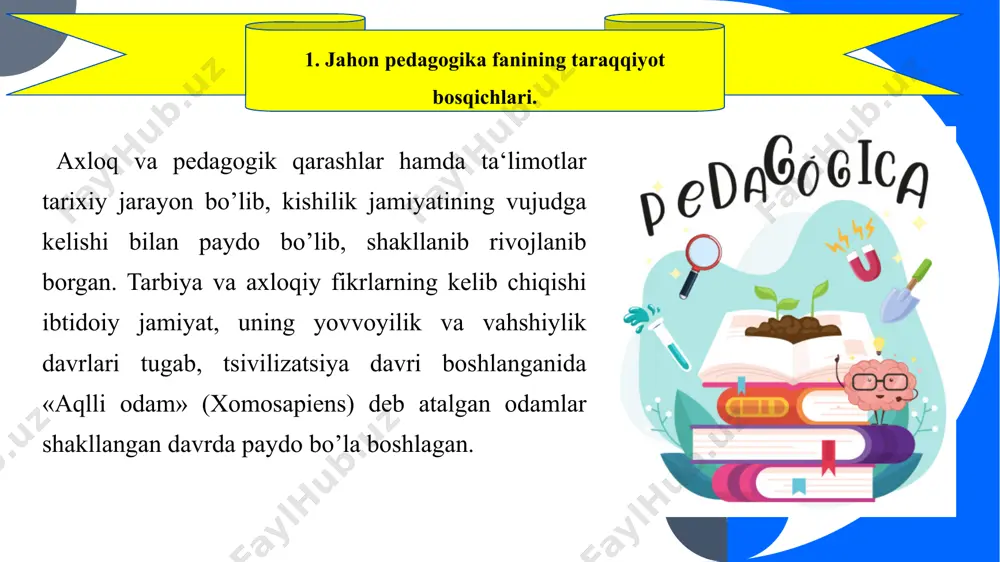 rajada e‘zozlamaslikdan paydo bo’ladi deb bilganlar. eramizdan oldingi vi asrdan milodiy v asrgacha bo’lgan davrda yunonistondagi quldorlik davlatlari va rim imperiyasida bir qadar demokratik tartiblar, respublika boshqaruvi o’rnatildi. bu davrda o’ziga xos ta‘lim-tarbiya tizimlari va mutafakkirlar tomonidan o’ziga xos pedagogik ta‘limotlar yaratildi. 2. qadimgi yunoniston va rim davlatlarida ta‘lim-tarbiya, pedagogik qarashlar va ta‘limotlar. afinadagi quldorlar o’z bolalariga aqliy, axloqiy, mehnat, estetik va jismoniy tarbiyalarni berganlar. afinada bolalar 7 yoshgacha uyda tarbiyalangan.7 yoshdan 15 yoshgacha bo’lgan bolalar «gramatist va kifaristlar» maktablarida ta‘lim olganlar so’ngra 14-15 yoshli bolalar «polistra» (kurash) maktablarida taxsil olgan.16-17 yoshli bolalar «gimnaziya» da, 18-20 yoshli bolalar esa efiliya maktablarida ta‘lim-tarbiya olganlar. yunonistonlik olimlar demokrit, suqrot, aflotun, arastu, shuningdek mashhur rim pedagogi kvintilianlar o’z asarlarida ta‘lim-tarbiyaga doir pedagogik nazariyalar yaratdilar. masalan, demokrit tarbiyaning tabiatga mosligi g’oyasini o’rtaga qo’ygan.o’qitish jarayonida bolalarning qiziquvchanligini hisobga olish zarurligini o’qtirgan. ta‘limning kishi tabiatini o’zgartiruvchi qudratli kuch ekanligini, o’qitishda majburlash usulidan ko’ra, ishontirish usulidan foydalanish …