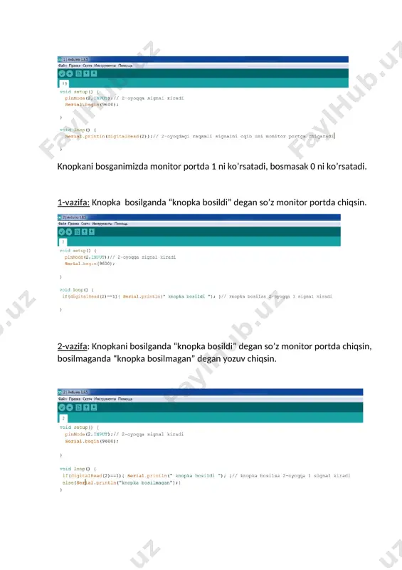 tursin. 13. *birinchi knopka bosilgan 4ta svetodiod ketma-ket yonib-o’chsin, ikkinchi knopka bosilganda esa boshqa 4ta svetodiod birinchi 4ta svetoidioddan ikki marta katta tezlik bilan ketma-ket yonib-o’chsin . 14. **ikkita knopkadan birinchisi bosilganda monitor portda kun,oy,yil chiqsin, ikkinchi knopka bosilganda esa soat,minut, sekund chiqsin. 15. *** monitor portda soat,minut,sekundni ko’rsatib tursin.1- knopka bosilganda ma’lum bir vaqtga budilnikka qo’yilsin(01:12) va shu vaqt kelganda ekranda “vaqt bo’ldi” degan yozuv chiqib tursin. 2-knopka bosilganda vaqt yana 00:00 dan boshlansin. image4.png image5.png image6.png image7.png image8.png image9.png image10.png image11.png image12.png image1.png image2.png image3.png