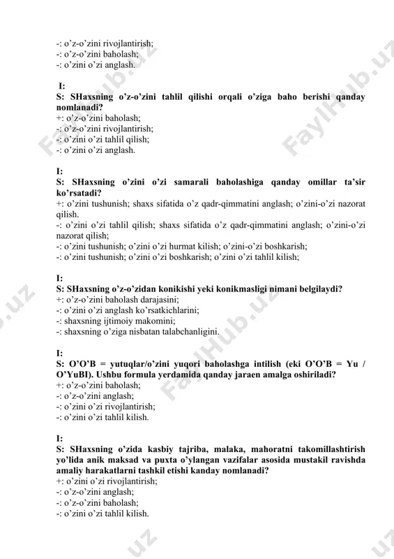 amaliy harakatlarni tashkil etishi kanday nomlanadi? +: o’zini o’zi rivojlantirish; -: o’z-o’zini anglash; -: o’z-o’zini baholash; -: o’zini o’zi tahlil kilish. i: s: har bir shaxs yeki mutaxassisning o’zida ma’lum sifat, bkm, kasbiy kompetentlikni shakllantirish va rivojlantirish ehtiejlari asosida ishlab chikilgan shaxsiy xarakterdagi dastur kanday nomlanadi? +: individual rivojlanish dasturi; -: maksadli rivojlanish dasturi; -: istikbolli rivojlanish dasturi; -: majmuaviy rivojlanish dasturi. i: s: biror bir ish yeki faoliyatni yuksak darajada, hech bir qiyinchiliksiz, o’ta mohirlik bilan bajarish qanday nomlanadi? +: mahorat; -: bilim; -: ko’nikma; -: malaka. i: s: pedagogning pedagogik jaraenni tashkiliy, metodik, ruhiy va sub’ektiv jihatdan o’ta mohirlik, ustalik bilan tashkil etish va boshqarish qobiliyati, ko’nikma-malakasiga egaligi ... deb nomlanadi? +: pedagogik mahorat; -: pedagogik tajriba; -: pedagogik yendoshuv; -: pedagogik bilimdonlik. i: s: pedagogik odob; pedagogik bilimdonlik; pedagogik qobiliyat; pedagogik muloqot madaniyati; pedagogik relaksatsiya; kommunikativ ta’sir ko’rsatish qobiliyati; pedagogik takt (nazokat); pedagogik texnika; nutq texnikasi; pedagogik …