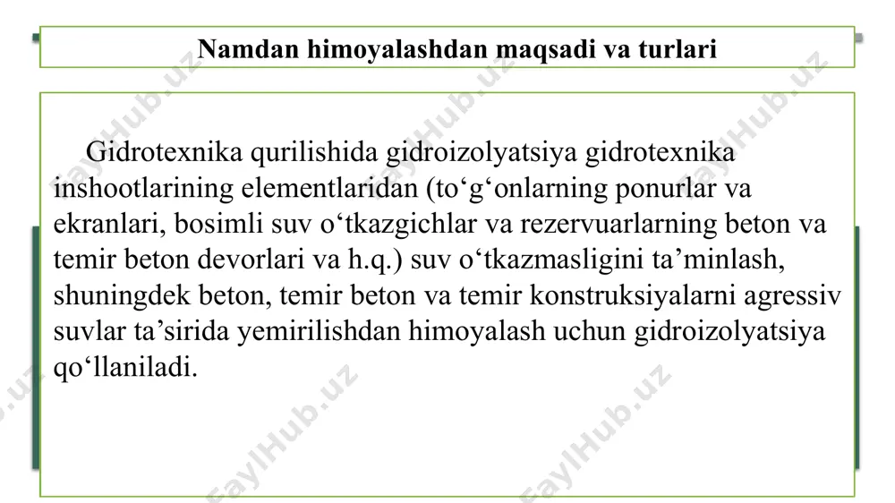 nlar ko‘rinishida tayyorlanadi. izol brizoldan bitum rusumi (bn-iii) va plastifikator turiga ko‘ra farq qiladi. namdan himoyalashning yopishtiriladigan texnologiyasi namdan himoyalashning yopishtiriladigan texnologiyasi yelimli gidroizolyatsiya vositasi sirtga yopiq qozonlarda 160-170 c temperaturada iii, iv yoki v rusumli bitumlar (35%), mayda to‘ldirgich (64%) va solyar moyi (1%) qorishmasidan tayyorlanadigan qaynoq bitumli mo‘m bilan qoplanganidan so‘ng surtiladi. yirik gidrotexnika qurilishlarida gidroizolyatsiya ishlarini ta’minlash uchun bitum xo‘jaligi tashkil etadi. bu xo‘jalik markaziy asfalt-bitum zavodi hamda ko‘chma qurilmalardan tashkil topadi. zavodning texnologik asbob-uskunalari tarkibiga quyidagilar kiradi:: valda aylanuvchi cho‘michli bitum qaynatish qozonlarining juft soni; isitgichlar – elektrospirallar yoki o‘txonalar; qumni va boshqa mineral to‘ldirgichlarni quritish uchun pechlar; asfalt-betonni tayyorlash uchun qorgichlar va qayta yuklash ishlari uchun har xil mexanizatsiya vositalari(1-rasm). namdan himoyalashning yopishtiriladigan texnologiyasi kamchiliklari namdan himoyalashning yopishtiriladigan texnologiyasi kamchiliklari o’rnatish paytidagi xavfliligi – oddiygina rulonlarni yoyib chiqish uchun maxsus kiyim kechaklar talab etiladi. kesish uchun ham maxsus texnika talab etilishi ishning tannarxini oshirib yuborishi …
