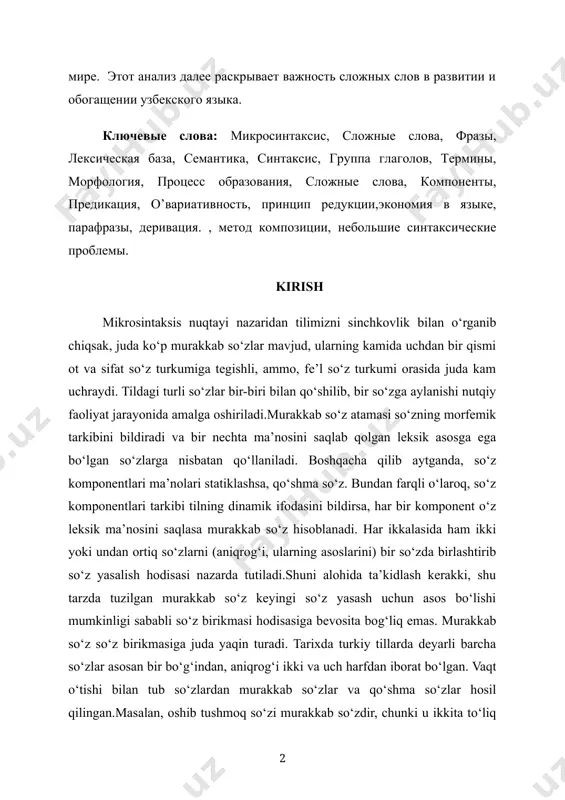 и,экономия в языке, парафразы, деривация. , метод композиции, небольшие синтаксические проблемы. kirish mikrosintaksis nuqtayi nazaridan tilimizni sinchkovlik bilan o‘rganib chiqsak, juda ko‘p murakkab so‘zlar mavjud, ularning kamida uchdan bir qismi ot va sifat so‘z turkumiga tegishli, ammo, fe’l so‘z turkumi orasida juda kam uchraydi. tildagi turli so‘zlar bir-biri bilan qo‘shilib, bir so‘zga aylanishi nutqiy faoliyat jarayonida amalga oshiriladi.murakkab so‘z atamasi so‘zning morfemik tarkibini bildiradi va bir nechta ma’nosini saqlab qolgan leksik asosga ega bo‘lgan so‘zlarga nisbatan qo‘llaniladi. boshqacha qilib aytganda, so‘z komponentlari ma’nolari statiklashsa, qo‘shma so‘z. bundan farqli o‘laroq, so‘z komponentlari tarkibi tilning dinamik ifodasini bildirsa, har bir komponent o‘z leksik ma’nosini saqlasa murakkab so‘z hisoblanadi. har ikkalasida ham ikki yoki undan ortiq so‘zlarni (aniqrog‘i, ularning asoslarini) bir so‘zda birlashtirib so‘z yasalish hodisasi nazarda tutiladi.shuni alohida ta’kidlash kerakki, shu tarzda tuzilgan murakkab so‘z keyingi so‘z yasash uchun asos bo‘lishi mumkinligi sababli so‘z birikmasi hodisasiga bevosita bog‘liq emas. murakkab so‘z so‘z …