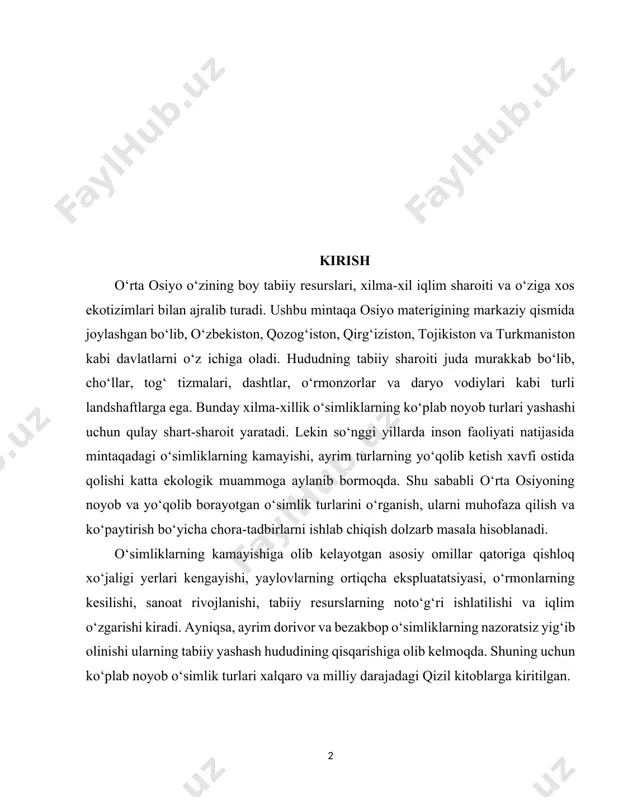 ylanib bormoqda. shu sababli o‘rta osiyoning noyob va yo‘qolib borayotgan o‘simlik turlarini o‘rganish, ularni muhofaza qilish va ko‘paytirish bo‘yicha chora-tadbirlarni ishlab chiqish dolzarb masala hisoblanadi. o‘simliklarning kamayishiga olib kelayotgan asosiy omillar qatoriga qishloq xo‘jaligi yerlari kengayishi, yaylovlarning ortiqcha ekspluatatsiyasi, o‘rmonlarning kesilishi, sanoat rivojlanishi, tabiiy resurslarning noto‘g‘ri ishlatilishi va iqlim o‘zgarishi kiradi. ayniqsa, ayrim dorivor va bezakbop o‘simliklarning nazoratsiz yig‘ib olinishi ularning tabiiy yashash hududining qisqarishiga olib kelmoqda. shuning uchun ko‘plab noyob o‘simlik turlari xalqaro va milliy darajadagi qizil kitoblarga kiritilgan. mavzuning dolzarbligi: o‘rta osiyodagi noyob va qizil kitobga kiritilgan o‘simliklarni o‘rganish va ularni muhofaza qilish masalasi bugungi kunda muhim ekologik va ilmiy muammolardan biri hisoblanadi. insoniyatning tabiiy resurslardan haddan tashqari foydalanishi natijasida mintaqaning biologik xilma-xilligi sezilarli darajada kamayib bormoqda. o‘rmonlarning kesilishi, yaylovlarning noto‘g‘ri ekspluatatsiyasi, yerlarning degradatsiyasi va iqlim o‘zgarishi kabi omillar tufayli noyob o‘simlik turlari yo‘qolish xavfi ostida qolmoqda. mintaqada uchraydigan ko‘plab o‘simliklar nafaqat ekologik ahamiyatga ega, balki iqtisodiy va …