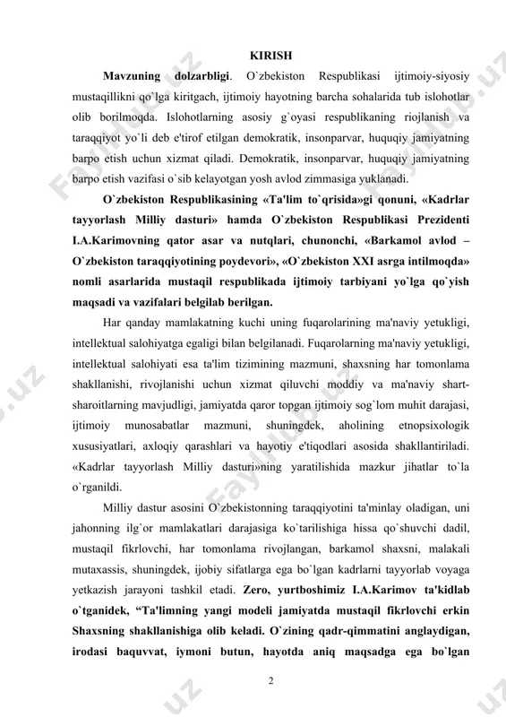 intellektual salohiyati esa ta'lim tizimining mazmuni, shaxsning har tomonlama shakllanishi, rivojlanishi uchun xizmat qiluvchi moddiy va ma'naviy shart-sharoitlarning mavjudligi, jamiyatda qaror topgan ijtimoiy sog`lom muhit darajasi, ijtimoiy munosabatlar mazmuni, shuningdek, aholining etnopsixologik xususiyatlari, axloqiy qarashlari va hayotiy e'tiqodlari asosida shakllantiriladi. «kadrlar tayyorlash milliy dasturi»ning yaratilishida mazkur jihatlar to`la o`rganildi. milliy dastur asosini o`zbekistonning taraqqiyotini ta'minlay oladigan, uni jahonning ilg`or mamlakatlari darajasiga ko`tarilishiga hissa qo`shuvchi dadil, mustaqil fikrlovchi, har tomonlama rivojlangan, barkamol shaxsni, malakali mutaxassis, shuningdek, ijobiy sifatlarga ega bo`lgan kadrlarni tayyorlab voyaga yetkazish jarayoni tashkil etadi. zero, yurtboshimiz i.a.karimov ta'kidlab o`tganidek, “ta'limning yangi modeli jamiyatda mustaqil fikrlovchi erkin shaxsning shakllanishiga olib keladi. o`zining qadr-qimmatini anglaydigan, irodasi baquvvat, iymoni butun, hayotda aniq maqsadga ega bo`lgan insonlarni tarbiyalash imkoniyatiga ega bo`lamiz. ana shundan keyin ongli turmush kechirish jamiyat hayotining bosh mezoniga aylanadi” . har qanday ijtimoiy jamiyatda yosh avlod tarbiyasi muayyan maqsad asosida tashkil etiladi. tarbiya maqsadi ijtimoiy jamiyat taraqqiyoti, uning rivojlanish …