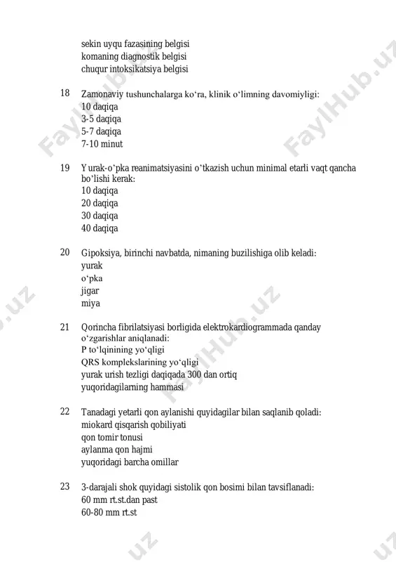 nch ravishda toʼldirish hajmi: yoʻqolgan qonning 100% yoʻqolgan qonning 150-200% yoʻqolgan qonning 200-250% yoʻqolgan qonning kamida 300% 31 oʼtkir qon yoʼqotishining 15-20% (taxminan 1 l) shoshilinch toʼldirish hajmi aylanma qon hajmidan quyidagicha boʼlishi kerak: yoʻqolgan qonning 100% yoʻqolgan qonning 150-200% yoʻqolgan qonning 200-250% yoʻqolgan qonning kamida 300% 32 aylanma qon hajmini oʻtkir qon yoʻqotishining 25-40% (taxminan 2 l) shoshilinch toʻldirish hajmi: yoʻqolgan qonning 100% yoʻqolgan qonning 150-200% yoʻqolgan qonning kamida 300% 50% yoqotilgan qon 33 bosh va boʻyinning kuyish maydoni: 5% 9% 12% 15% 34 tananing old (orqa) yuzasining shikastlanish maydoni: 9% 15% 18% 20% 35 yuqori oyoq-qoʻlning shikastlanish maydoni: 5% 9% 10% 18% 36 ii darajali kuyish xosdir: terining giperemiyasi epidermisning ajralishi-pufakchalar paydo boʻlishi dermisning barcha qatlamlarining oʻlimi teri nekrozi 37 iiia darajali kuyishga quyidagilar xosdir: pufakchalar hosil boʻlishi bilan epidermisning ajralishi soch follikulalari, ter va yogʻ bezlarini saqlanishi, terining yuzaki qatlamlarining nekrozlanishi dermisning barcha qatlamlarining nekrozi teri va …