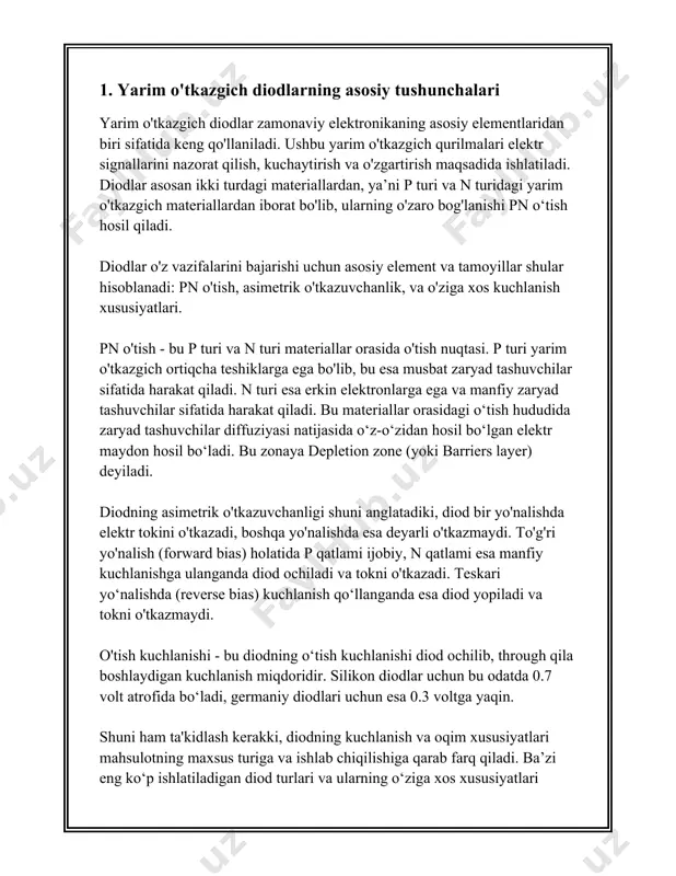 a n-tipi materiallar o'rtasida "deplesiya mintaqasi" deb ataladigan zone paydo bo'ladi. bu hududda erkin zaryad tashuvchilar yo'qoladi va statsionar elektr maydon hosil bo'ladi. statsionar maydon elektrokimyoviy potentsialni muvozanatga keltiradi va diod faqat bir yo'nalishda tok o'tkazishni ta'minlaydi. p-n o'tish diodlarining asosiy texnik ko'rsatkichlaridan biri oldi-passa yorug'lik kuchlanishi (vf) deb ataladi. past kuchlanishda (masalan, 0.6 - 0.7 volt kremniy diodlarida) p-n o'tish tokni o'tkazadi. bu kuchlanish p-n o'tish diodlari uchun xosdir va ularning faoliyatiga ta'sir qiladi. bir manfiy kuchlanish p-n o'tish diodiga nisbatan qo'llanganda, o'tish yoshilmaydi, ya'ni "qayta bog'lanish" yoki "qayta teskari kuchlanish" rejimi yuzaga keladi. aksariyat diodlar qayta bog'lanish kuchlanishiga nisbatan bardoshli bo'lishi uchun mo'ljallangan bo'lsa-da, ularning ayrimlari maxsus qayta bog'lanish kuchlanishiga bardosh bera olmaydi, chunki ular bu kuchlanish rejimida osonlik bilan shikastlanishi mumkin. qayta teskari kuchlanish (vr) maksimal qiymati orqali bu sharoitda foydalanish mumkin. diodlarning yana bir muhim xususiyati ularda yuzaga keladigan sig'imdir. diod sig'imi "shpitsor sig'im" deb ham …