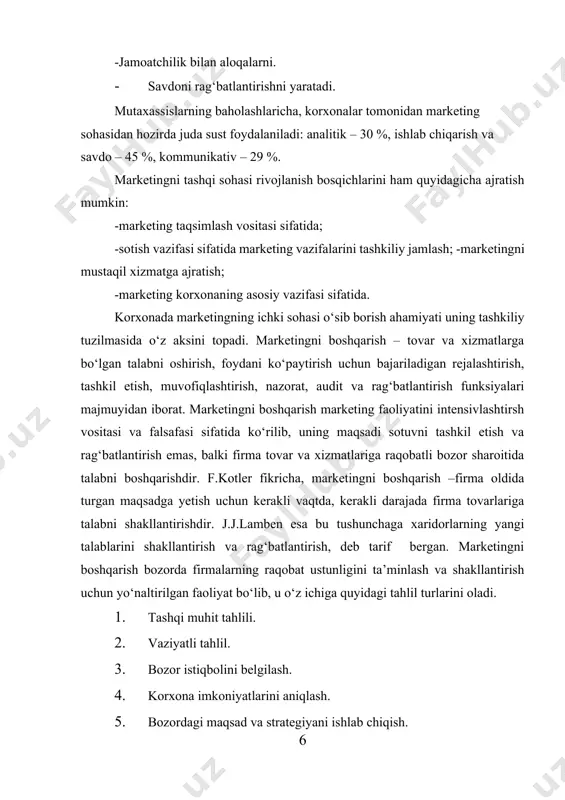 iks rejasini ishlab chiqish. 8. marketing rejasini amalga oshirish, tashkil etish, boshqarish, nazorat va natijani baholash. marketingning hozirgi zamon konsepsiyasi quyidagicha: -bozorni kompleks o‘rganish; -tovar navlarini rejalashtirish; -talabni shakllantirish va sotishni rag‘batlantirish; -savdo-sotiq faoliyatini rejalashtirish va tashkil qilish. marketingning asosiy vazifalari bo‘linmalarning xizmat vazifalarini taqqoslash yo‘li bilan aniqlanadi. bir tomondan mahsulotlar turlarining keskin yetishmasligi, boshqa tomondan ishlab chiqarilgan lekin sotilmay qolgan tovarlar mavjud bo‘lgan vaziyatda iste’molchilar talablari va ishlab chiqarish dasturlari o‘rtasida epchilroq va tezkor o‘zaro aloqalarni ta’minlash uchun marketingdan foydalanish zarurati tug‘iladi. korxonalarda marketing xizmatini tashkil etishda bosqichmabosqich yondashish maqsadga muvofiq hisoblanadi. mamlakatimiz korxonalari, assotsiatsiyalari faoliyatining marketing xizmatlari bo‘yicha tahlili shuni ko‘rsatadiki, bajarilayotgan vazifalarning asosiy qismi tijorat xizmatlari bo‘linmalari zimmasiga yuklatilgan. shu sababli marketing xizmatini tijorat bloki asosida tashkil qilish maqsadga muvofiqdir. bozorning rivojlanishi va uning “xaridorlar bozori”ga aylanishi korxonaning marketing bo‘limi tashkiliy strukturalaridagi o‘rnini va uning boshqa bo‘limlar bilan o‘zaro harakatini asta-sekin o‘zgartiradi. tashkilot tomonidan amalga oshiriladigan marketing …