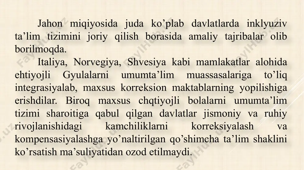 m boladek hisoblanib, sinfdagi bolalarning umumiy soni qisqartiriladi. sinfda ikkita o’qituvchi ishlab ulardan biri maxsus tayyorgarlikka ega bo’lib, bolalar bilan haftasiga 4 soatdan 6 soatgacha korreksion mashg’ulotlar olib boradi. maxsus ehtiyojli bolalar individual dasturlar asosida o’qitiladi. 1979 yilda germaniyada ta’lim to’g’riyeidagi majlis qatnashchilari tomonidan maxsus ehtiyojli bol0alarni integrasiya ta’lim tizimida o’qitish konsepsiyasi ishlab chiqildi. bu konsepsiyada integrasiyaning xilma xilligi va uning mazmun-mohiyati yoritib berildi. ta’lim qonunchiligi va ta’lim tizimini boshqarish asosan yer hokimiyatlari mas’uliyati ostidadir, va shu sababli hududlar bo’yicha muhit o’zaro farq qilishi mumkin. oddiy o’quv yurtlariga integrasiyalashgan maxsus ta’limga muhtoj o’quvchilarga yordam berishning shakllari ham har xil. barcha yerlar uchun “maxsus ta’limni tashkil qilishga oid tavsiyalarni” (1972 yil, mart) asosiy hujjat deb hisoblash mumkin. keyingi 20 yil mobaynida nogironlarning ijtimoiy va ta’lim integrasiyasi an’analari kuchaydi; bu esa umumta’lim maktablariga integrasiyalashgan maxsus ta’limga muhtoj o’quvchilarni qo’llab-quvvatlashni yaxshilashga olib keldi. hozirgi kunda ta’lim tizimi ichida qo’llab-quvvatlashning turli shakllari mavjud: o’qituvchi …