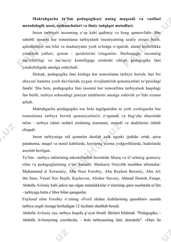 utafakkirlar о‘zlarining qator asarlarida ta’lim - tarbiyaga katta e’tibor bilan qaraganlar. faylasuf olim forobiy о‘zining «fozil shahar kishilarining qarashlari» asarida tarbiya orqali iisonga beriladigan 12 fazilatni sharhlab beradi. abdulla avloniy esa, tarbiya haqida g‘oyat ibratli fikrlarii bildiradi. "pedagogika, - abdulla avloniyning yozishicha, - bola tarbiyasining fani, demakdir". «dars ila tarbiya, ikkisi jon ila tan kabidir», «dars oluvchi - biluvchi, tarbiya oluvchi - amal kiluvchidir». bu yerda pedagogika faniga qisqa va lо‘nda ta’rif berib, ta’lim bilan tarbiyani esa jon bilan tanga о‘xshatib, ularni bir - biridan ajratib tushunish mumkin emasligini yorqin ifodalab bergan. avloniyning ta’kidlashicha. tarbiyani yoshlikdan berish nihoyatda zarur, bolaga avvalo kichik yoshdan boshlab, ota-ona tarbiya beradi, keyin tarbiya bilan butun jamoatchilik shugullanadi, chunki bunda , inson taqdiri hal etiladi deydi. demak, pedagogikaning bosh masalasi tarbiya sanaladi. tarbiya jarayonida esa bolaning ongi, his - tuygulari shakllanadi. eng muhimi ijtimoiy hayot uchun zarur bо‘lgan va ijtimoiy munoabatlarga xizmat qiladigan xulqiy odatlar …