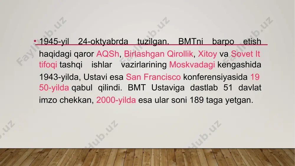 iti“ (2000-yil sentyabr) da soʻzlagan nutqlari dunyo jamoatchiligida katta qiziqish uygʻotdi. ushbu vakolatxona hozirda 25 ta agentlik, jamg’arma va dasturlardan iborat bo'lib, ular mamlakatni barqaror rivojlanish maqsadlari hamda 2030 yilgacha mo'ljallangan rivojlanishning milliy ustuvor yo'nalishlariga muvofiq shakllantirishda ko'maklashmoqda. 2020 yil sentyabr oyida birlashgan millatlar tashkilotining o'zbekistondagi vakolatxonasi barqaror rivojlanish bo'yicha hamkorlikning keyingi davriga oid (2021-2025) kelishuvni yakuniy namunada taqdim etdi. u mamlakat hukumati tomonidan ham qo'llab-quvvatlandi va imzolandi. hamkorlik bo'yicha kelishuv bmtning hech kimni ortda qoldirmagan holda milliy barqaror rivojlanish maqsadlariga erishishda o'zbekistonni qo'llab-quvvatlash yo'lidagi harakatlarini belgilab berdi. mazkur hujjat mamlakatni 2030 yilgacha bo'lgan davrda barqaror rivojlantirishga qaratilgan bmt loyiha va dasturlarining asosi hisoblanadi. u o'zbekiston hukumati, parlament va fuqarolik jamiyati bilan hamkorlikda shakllantirilgan bo'lib, strategik ahamiyatga ega uch maqsadni qamrab oladi: samarali boshqaruv va barcha uchun adolatni ta’minlash. salomatlik, farovonlik va taraqqiy etishda inson kapitalini inklyuziv rivojlantirish. barqaror, iqlim o'zgarishiga mas’ul va keng ko'lamli rivojlanishga erishish. xususan, ushbu xalqaro …