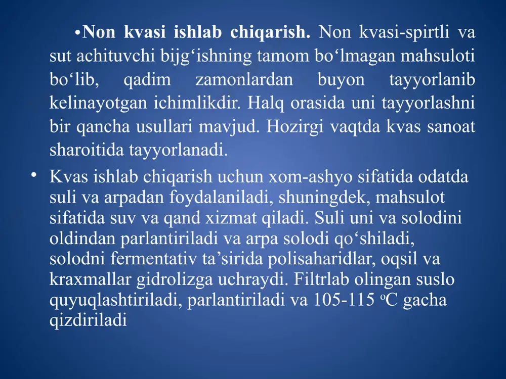 ilar madaniy achitqilarning mutantlari ekanligi aniqlangan. hozirgi vaqtda achitqilarni sacch. serevisiae ning sinonimlari deb qarash tavsiya qilingan. vino ishlab chiqarish. uzum vinosi – uzum sharbatini spirtli bijgʻishi natijasida olinadigan ichimlikdir. sanoatda ishlab chiqarilayotgan vinolar assortimenti juda boy. uzum vinosi bitta uzum navidan tayyorlanishi mumkin buni navli, navlar aralashmasidan tayyorlanganini esa kupaj vinosi deyiladi. yuqori sifatli vinolar alohida vino tayyorlash hududlarida maxsus texnologiyalar asosida tayyorlanadi. vino tayyorlash texnologiyasi xilma-xildir. tinch (quruq) vino ishlab chiqarishda uzumni yaxshi pishganini eziladi, magʻzi va donini siqib suslosi ajratiladi. olingan susloni bijgʻitishga qoʻyiladi. ilgari va koʻpincha hozirgi vaqtda ham uy sharoitida “yovvoyi” achitqilar yordamida, ya’ni uzum poʻstloqida tabiiy holda uchraydigan achitqilar yordamida bijgʻitilgan. bu yoʻl bilan bijgʻitish hamma vaqt kafolatli, yuqori koʻrsatkich beravermaydi. shuning uchun hozirgi vaqtda bijgʻitish jarayoni ayniqsa sanoat sharoitida achitqilarni toza kuluturasi sacch. serevisae (avval bu rasa achitqilarni sacch. vinii deyilgan)dan foydalaniladi. vino ishlab chiqarish zavodlari koʻp miqdorda yuqori sifatli, tezda va toʻliq …
