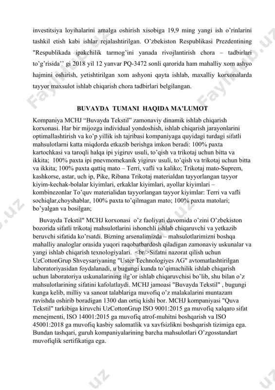 kishda ishlatilgan, chunki u mitkaldan arzonroq edi. oddiy bo’yalgan byaz kostyum va palto matolarini astarlash va ko’paytirish uchun ishlatilgan, ayollar va bolalar liboslari uchun ishlatilgan. hozirgi vaqtda byaz choyshabni tikish uchun asosiy mato turi hisoblanadi. boʻz, karbos — boʻsh pishitilgan paxta ipidan sodda toʻqilgan mato; qalin, pishiq va tana haroratini bir xilda saqlaydigan mahalliy ipgazlama. qadimdan qoʻl dastgohdarida toʻqilgan. yozma manbalarda boshqa matolar qatori b. ham koʻp tilga olingan: "qali atlas keysang unutma boʻzung" (a. yugnakiy, 11-asr). b.ning "etaklik b.", "sedrak b.", "qali b." navlari farqlangan; musulmon sharqida qizil b. "alkirbos" nomi bilan mashhur. 17-asrda turkistondan moskvaga joʻnatilgan matolar orasida "byaz" nomi bilan tilga olingan, qizil b. esa "kumach" deb atalgan. 19-asr boshida buxorolik toʻqimachilar astraxon, vyatka, qozon gubernyalarida qurgan ustaxonalarda b. toʻqib sotilgan. b. turkistonda qoʻlda toʻqilgan matolar orasida xaridorbop mato boʻlgani uchun mahalliy aholi orasida keng tarqalgan. buxoroda b. sotiladigan maxsus rasta — "bozori karbos" boʻlgan. b.ning oq, …