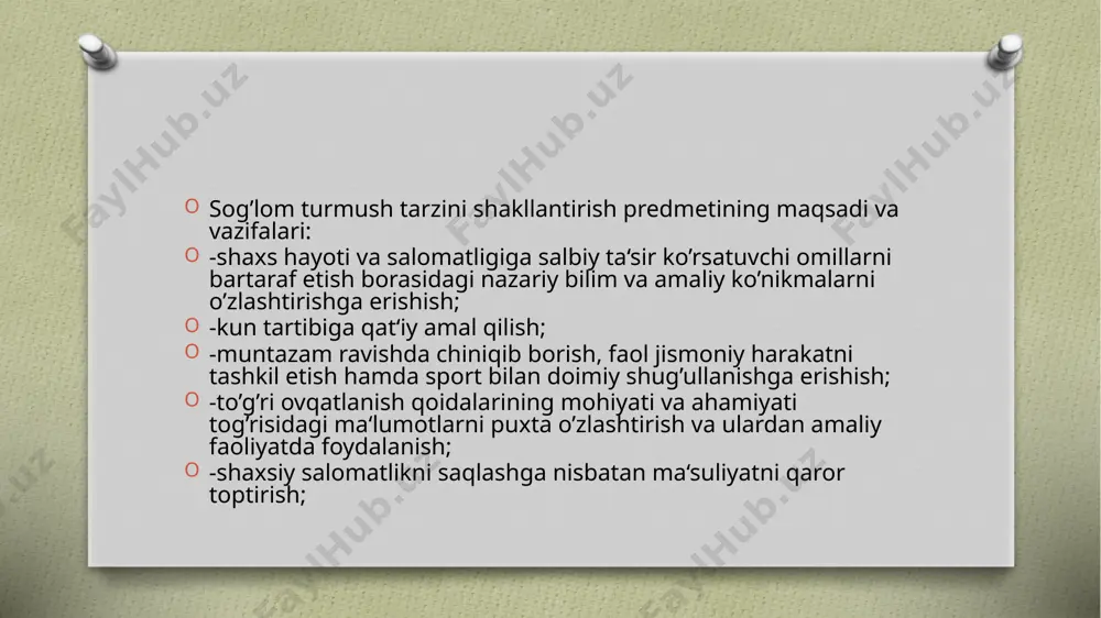 ozma targ‘ibot usuli axolining keng qatlamlarini qamrab oladi, bunga maqolalar, sanitar varaqalar, devoriy gazetalar, yodnomalar jurnallar, kitoblar brashuralar va boshkalar kiradi. -ko‘rgazmali targibot ko’p qirrali hisoblanib ikki guruxga bo’linadi : a) taʼbiiy obʼektlar va tasvirlar; v) kombinatsiyalangan usul bu ommaviy targibot usuli bulib bir vaqtning o’zida ko’rish eshitish bilan birga boradi. (radio, tlevideniya) turmushni to‘g‘ri tashkil qilish, turmush sharoitini (uy joy bilan taʼminlanganlik darajasi) yaxshi yo’lga qo’yish, oila aʼzolarining maʼlumot va madaniyat darajasi, oiladagi shaxsni xulqi va zararli odatlari ( shuningdek spirtli ichimliklarni iste’mol qilishi, chekishi, narkotik moddalarni istimol kilishi ), dori darmonlarni meyoridan ortik istimol qilishi xolatlari, gipodinamiya, adinamiya xolatlari, yolg’izlik, ishsizlik va bular oqibatida kelib chiqadigan turli stressli vaziyatlar kasalliklar kelib chiqishida asosiy o’rinda turadi. kasalliklarni kamaytirish va oldini olish uchun avvalo turmush tarzini yaxshilashimiz lozim ekan. buning uchun kuyidagi shartlar bajarilishi kerak: 1.ovkatlanishni to‘g‘ri tashkil kilish. 2.gipodinamiyani oldini olish ( xarakat va salomatlik). 3.kun va ishni biologik …