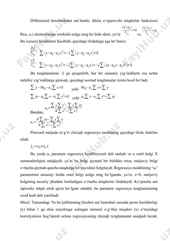 ni a=6, mos bo‘lmagan juft ishoralar soni b=1. ammo fexner koeffitsiyenti belgilarning o‘rtachadan tafovutlarini hisobga olmaydi, vaholanki ular turlicha miqdoriy ifodaga ega bo‘ladi. to‘g‘ri chiziqli bog‘lanishning zichlik darajasi korrelyatsiya koeffitsiyenti bilan baholanadi: korrelyatsiya koeffitsiyenti -1 bilan +1 orasida yotadi. musbat ishora to‘g‘ri bog‘lanish, manfiy ishorada esa teskari bog‘lanish ustida so‘z boradi. 10.2-jadval ma’lumotlariga binoan: korrelyatsiya va regressiya koeffitsiyentlari orasida quyidagicha o‘zaro bog‘lanish mavjud: (10.6) ozod had esa -determinatsiya koeffitsiyenti deb nomlanib, natijaviy belgi o‘zgaruvchanligining qaysi qismi x-omil ta’siri ostida vujudga kelishini ko‘rsatadi. korrelyatsiya koeffitsiyentining kvadrati determinatsiya koeffitsiyenti deb ataladi va u natijaviy belgi umumiy o‘zgaruvchanligining qaysi qismi o‘rganilayotgan omil x hissasiga to‘g‘ri kelishini ko‘rsatadi. ranglar korrelyatsiya koeffitsiyenti juft bog‘lanish zichligini baholash me’yori sifatida ingliz psixiatri ch.spirmen tomonidan taklif etilgan ranglar korrelyatsiya koeffitsiyentidan ham foydalanish mumkin. ranglar - bu saflangan qatorda to‘plam birliklari uchun berilgan tartib raqamlari. agar x va y belgilar uchun ranglarni, orqali belgilasak, ularning korrelyatsiya koeffitsiyenti quyidagi ko‘rinishga …
