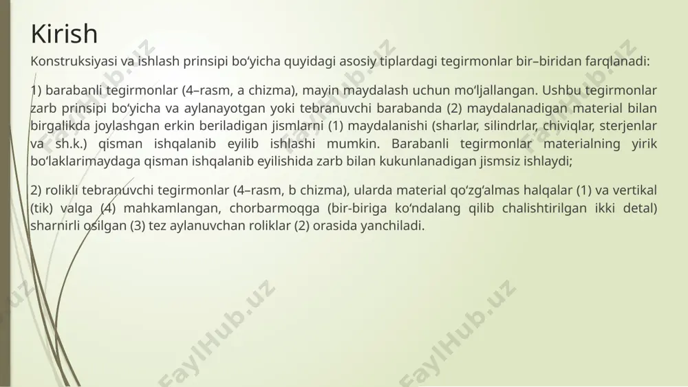 i. sharli tegirmonda kukunlash baraban aylanishining burchak tezligini keyinchalik oshishida material va sharlar markazdan qochma kuch inersiyasi harakati ostida baraban devorlariga hammasi katta kuch bilan siqilgan bo‘ladi. nihoyat shunday lahza keladiki, qachonki markazdan qochma kuch inersiyasi kattaligi sharning og‘irlik kuchidan ortiq bo‘lib va undan ajralmagan holda ichki yuzasi bo‘ylab baraban bilan birgalikda u (shunday qilib, yuklash) aylanadigan bo‘ladi (68–rasm, v chizma). sharli tegirmonni modellari metso bm 2.0×2.4 (1-rasm) uzunligi 2m/baraban diametri 2.4m. baraban nominal hajmi 8 m³ joylanuvchi material yirikligi 20 mm tayyor mahsulot yirikligi 0.04 mm quvvati 110 kvatt apm msh 1200×1200 baraban uzunligi 1200 mm diametri 1200 mm hajmi 1m³ quvvati 35 kwatt ramasi bilan og’irligi 5.9 t sharlari massasi 2.2 t o’rtacha samaradorligi soatiga 1-3 tonnagacha sharli tegirmonni modellari tyajmash mshr baraban ichki diametri 3200mm baraban uzunligi 3900 mm ishchi hajmi 27 m³ aylanish chastotasi 19.78 ayl/daqiqa quvvati 630kwatt samaradorlik 50-147t/soat kukunlash turi - nam holda xulosa …