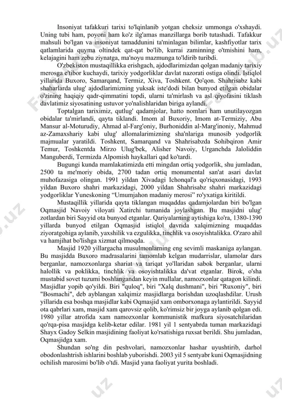 yotbaxsh g'oyalarda jahonshumul mazmun va mohiyat, tarixiy asos yotibdi. negaki, xalqimiz o'z o'tmishida ikkita renessans shukuhini vujudidan o'tkazgan. birinchisi — sharq uyg'onish davri deb ataladigan va insoniyat sivilizatsiyasi rivojiga katta hissa qo'shgan ix-xii asrlar renessansi, ikkinchisi — temuriylar renessansi — xiv-xv asrlarda dunyo ilm-fani, san'ati, madaniyati, iqtisodiyot, davlatchilik taraqqiyotiga ulkan hissa qo'shgan buyuk o'zgarishlar davri. bu ikki davrda daho ajdodlarimiz qadimgi tafakkur va ilm ta'sir doirasida bo'lgan jahon sivilizatsiyasini dadil qadamlar bilan oldinga boshladilar. shu bois, xalqimiz uchinchi renessans poydevorini qo'yish uchun da'vogar bo'lishga har tomonlama haqlidir. insoniyat tafakkuri tarixi to'lqinlanib yotgan cheksiz ummonga o'xshaydi. uning tubi ham, poyoni ham ko'z ilg'amas manzillarga borib tutashadi. tafakkur mahsuli bo'lgan va insoniyat tamaddunini ta'minlagan bilimlar, kashfiyotlar tarix qatlamlarida quyma oltindek qat-qat bo'lib, kurrai zaminning o'tmishini ham, kelajagini ham zebu ziynatga, ma'noyu mazmunga to'ldirib turibdi. o'zbekiston mustaqillikka erishgach, ajdodlarimizdan qolgan madaniy tarixiy merosga e'tibor kuchaydi, tarixiy yodgorliklar davlat nazorati ostiga olindi. istiqlol yillarida …