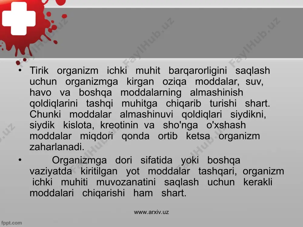 turuvchi tomircha deb ataladigan bu tomir kapsula bo'shligida kapilyarlarga bo’linib. malpigiy koptokchasini hosil qiladi. malpigiy koptokchasida bosim ortiqroq bo’ladi. shuning natijasida, qon tarkibidagi suv, mineral tuzlar, ayrim oqsil birikmalari kapsula devoridan silqib o’tadi. bu jarayonni filtirlanish jarayonni deyiladi. filtirlanish natijasida hosil bo’lgan suyuqlikni dastlabki siydik deyiladi. dastlabki siydik tarkibiy qismiga ko'ra qon plazmasiga yaqin turadi. shuning uchun dastlabki siydik birlamcha va ikkilamcha burama naylardan o’tish jarayonida nay devorlaridagi qon kapilyarlariga organizmga zarur bo’lgan moddalar ( suv, aminokislotalar, mineral tuzlar va boshqa moddalar ) qaytadan so’riladi. bu jarayonni reabsorbsiya jarayoni ( qayta so’rilish ) deydilar. shu yo'l bilan qon osmatik bosimi va tarkibiy qismi muvozanati saqlanadi. www.arxiv.uz www.arxiv.uz kanalchalarda qayta so’rilish jarayonidan keyin qolgan suyuqlik ikkilamchi siydik yoki oxirgi siydik deyladi. oxirgi siydik buyrak jomidan siydik yo'llari, orqali qovuqqa tushib yig'iladi va ma’lum xajmda yig'ilgandan so'ng reflektor ravishda organizmdan jinsiy bezlar siydik yo'li orqali tashqariga ajratiladi. odam bir kunda 1,5 l. …