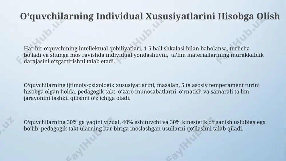 olda o'zgartirishlar kiritish asossiz bo'ladi. o‘quv muhitida hamkorlik va hurmat muhiti o‘quv jarayonida 10 dan ortiq talaba ishtirok etganda, guruhlarga bo‘lish va har bir guruhga mas’ul tayinlash orqali hamkorlik va hurmatni kuchaytirish mumkin. o‘quv muhitida samarali hamkorlikni shakllantirish uchun kamida 3 ta asosiy qoida – o‘zaro hurmat, ochiq muloqot va birgalikdagi maqsadlarga erishishga yo‘naltirilgan 5 tadan ortiq faoliyatlarni amalga oshirish zarur. hurmat muhitini yaratishda, talabalarning individual farqlarini hisobga olish (kamida 2 ta turli o‘quv uslubini qo‘llab) va ularning fikrlarini qadrlash pedagogik taktning muhim sharti hisoblanadi. pedagogik maqsadlar va vazifalarni aniq belgilash vazifalarni belgilashda, o'quv natijalariga erishish uchun 3 bosqichli strategiya qo'llanilishi va har bir bosqichning aniq mezonlari belgilanishi kerak. pedagogik maqsadlarni aniqlashda, o'quvchilarning yosh xususiyatlari, 5 ta intellekt turi va ularning o'rganish uslublarini hisobga olish muhim ahamiyatga ega. samarali pedagogik vazifalar aniq, o'lchanuvchan, erishiladigan, ahamiyatli va vaqt chegaralangan bo'lishi (smart) kerak, bu esa natijalarni baholashni osonlashtiradi. o‘z-o‘zini nazorat qilish va …
