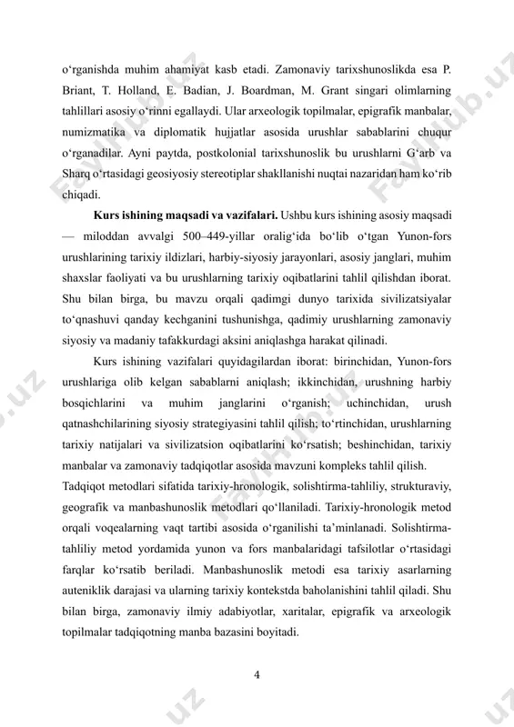 mizmatika va diplomatik hujjatlar asosida urushlar sabablarini chuqur o‘rganadilar. ayni paytda, postkolonial tarixshunoslik bu urushlarni g‘arb va sharq o‘rtasidagi geosiyosiy stereotiplar shakllanishi nuqtai nazaridan ham ko‘rib chiqadi. kurs ishining maqsadi va vazifalari. ushbu kurs ishining asosiy maqsadi — miloddan avvalgi 500–449-yillar oralig‘ida bo‘lib o‘tgan yunon-fors urushlarining tarixiy ildizlari, harbiy-siyosiy jarayonlari, asosiy janglari, muhim shaxslar faoliyati va bu urushlarning tarixiy oqibatlarini tahlil qilishdan iborat. shu bilan birga, bu mavzu orqali qadimgi dunyo tarixida sivilizatsiyalar to‘qnashuvi qanday kechganini tushunishga, qadimiy urushlarning zamonaviy siyosiy va madaniy tafakkurdagi aksini aniqlashga harakat qilinadi. kurs ishining vazifalari quyidagilardan iborat: birinchidan, yunon-fors urushlariga olib kelgan sabablarni aniqlash; ikkinchidan, urushning harbiy bosqichlarini va muhim janglarini o‘rganish; uchinchidan, urush qatnashchilarining siyosiy strategiyasini tahlil qilish; to‘rtinchidan, urushlarning tarixiy natijalari va sivilizatsion oqibatlarini ko‘rsatish; beshinchidan, tarixiy manbalar va zamonaviy tadqiqotlar asosida mavzuni kompleks tahlil qilish. tadqiqot metodlari sifatida tarixiy-hronologik, solishtirma-tahliliy, strukturaviy, geografik va manbashunoslik metodlari qo‘llaniladi. tarixiy-hronologik metod orqali voqealarning vaqt …