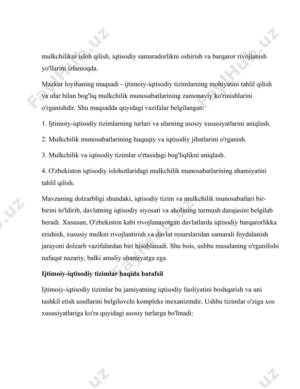 amaradorligini oshira olmagan, bu esa resurslarning noto'g'ri taqsimlanishiga olib kelgan. 2. ijtimoiy-iqtisodiy tizimlarning mohiyati va turlari ijtimoiy-iqtisodiy tizimlar jamiyatning iqtisodiy faoliyatini tashkil etish, boshqarish va resurslarni taqsimlash usullarini belgilovchi mexanizmlardir. ular insoniyat taraqqiyotining turli bosqichlarida shakllanib, jamiyat rivoji bilan birgalikda takomillashib borgan. bu tizimlar nafaqat iqtisodiy hayotning, balki siyosiy, ijtimoiy va madaniy jarayonlarning ham ajralmas qismidir. ushbu bo'limda ijtimoiy-iqtisodiy tizimlarning mohiyati va asosiy turlarini batafsil o'rganamiz. 2.1. an'anaviy iqtisodiy tizim an'anaviy iqtisodiy tizim insoniyat tarixidagi eng qadimiy tizimlardan biridir. unda iqtisodiy faoliyat asosan urf-odatlar, an'analar va din asosida boshqariladi. bu tizim qishloq xo'jaligiga asoslangan va resurslardan foydalanish bir avloddan ikkinchi avlodga o'tadi. an'anaviy tizimning asosiy xususiyatlari quyidagilardan iborat: - ishlab chiqarishning past darajasi: asosan qishloq xo'jaligi va hunarmandchilik rivojlangan. - jamoaviy mulk ustunligi: resurslar ko'pincha butun jamiyatga yoki oila a'zolariga tegishli bo'lgan. - barqarorlik: tizimda o'zgarishlar kam bo'lib, avlodlar davomida bir xil saqlangan. bugungi kunda bu tizim asosan rivojlanmagan yoki …