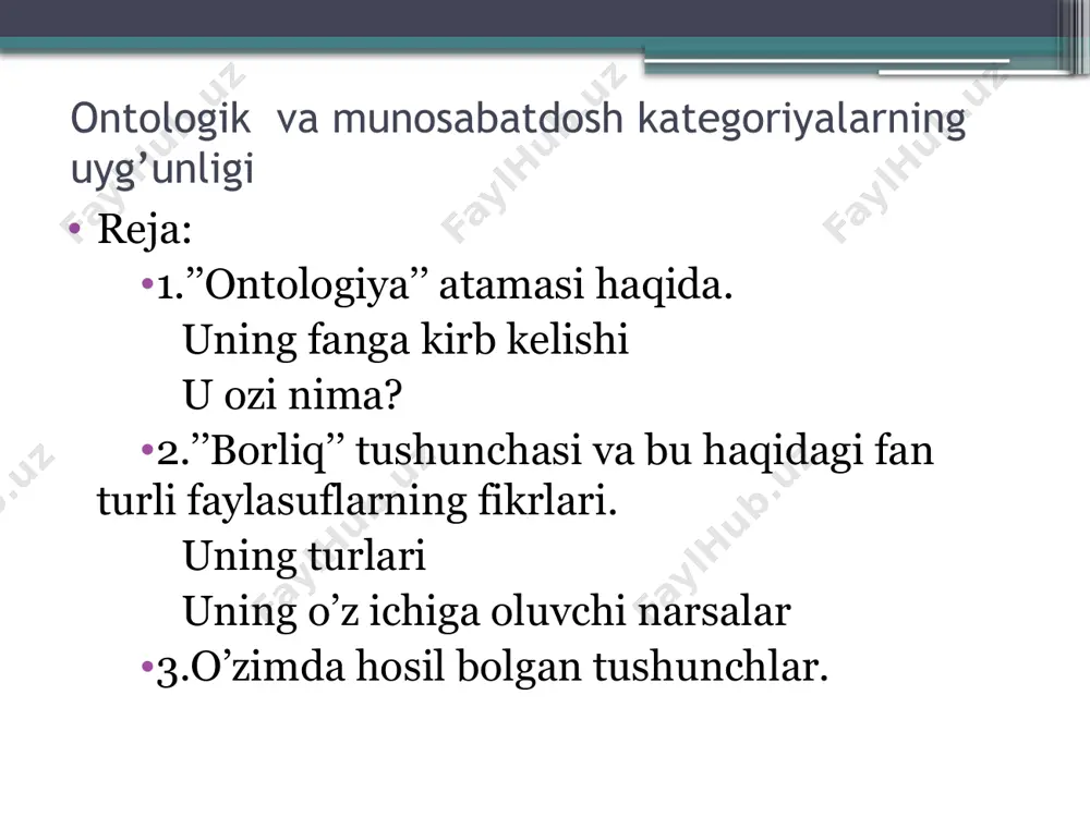ida bahs yuritishgan. ular borliqning vujudga kelishi, mohiyati, xususiyatlari va shakllari haqida ko‘plab asarlar yozishgan. xo‘sh, borliq nima? bu savol bir qarashda juda oddiy ko‘ringani bilan unga shu choqqacha barcha kishilarni birday qanoatlantiradigan javob topilgani yo‘q. bu holat borliqqa turlicha nuqtayi nazarlardan qarashlarning mavjudligi bilan izohlanadi. masalan, ayrim faylasuflar borliqni moddiylik, moddiy jismlar bilan boglab tushuntirishadi. ularning nuqtayi nazarlaricha, borliq — obyektiv realliknigina qamrab oluvchi tu~ shunchadir. u holda fikr, inson tafakkuri, o‘y-xayollarimiz borliq tushunchasidan chetda qolar ekanda, degan savolga ular, bunday tushunchalar obyektiv reallikning hosilasidir, deb javob berishadi. falsafaning borliq haqidagi ta’limotni izohlaydigan qismi —ontologiya deb ataladi (bu tushunchani falsafada birinchi bor x. volf qollagan). olam va borliq masalalarini falsafaning ana shu sohasi o‘rganadi. yo‘qlik hech nima demakdir. hamma narsani hech narsaga aylantiruvchi, hamma narsaning ibtidosi ham, intihosi ham yo‘qlikdir. bu ma’noda yo‘qlik cheksizlik, nihoyasizlik va mangulik bilan birdir. yo‘qlik chekingan joyda borliq paydo bo'ladi. demak, borliqning bunyodkori ham, …