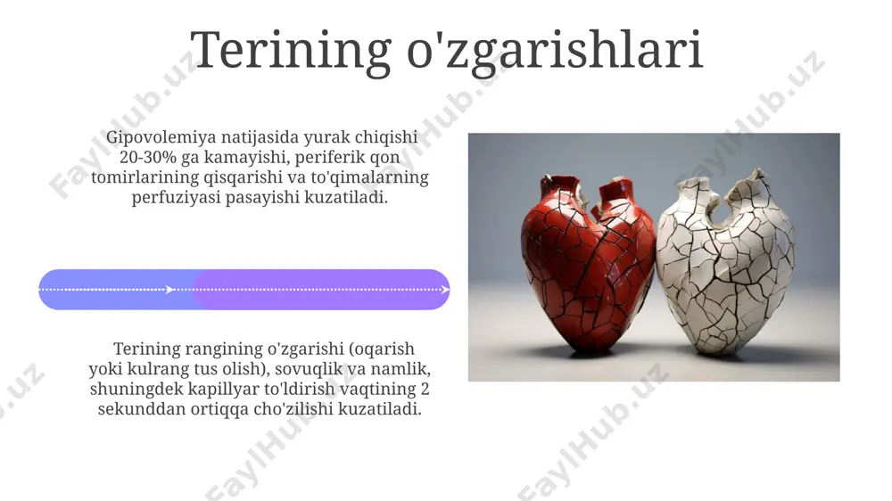 riga olib kelishi mumkin. miya suyuqligi hajmining pasayishi tufayli markaziy nerv sistemasida neyronlarning faoliyati buziladi, bu esa kognitiv funksiyalar, xotira va diqqatning pasayishiga, shuningdek, reflekslarning susayishiga olib keladi. gipovolemiya tufayli yurak yetishmovchiligi gipovolemiya tufayli qon aylanishining pasayishi yurak chiqishi 40% ga kamayishi bilan xarakterlanadi, bu esa to'qimalarning kislorod bilan ta'minlanishini sezilarli darajada buzadi. gipovolemik shok, qon aylanishining og'ir buzilishi, qon hajmining 25% dan ko'proq yo'qotilishi bilan tavsiflanadi va o'limga olib kelishi mumkin. suyuqlik terapiyasi gipovolemiya tufayli kelib chiqqan qon aylanish yetishmovchiligida kristalloid eritmalar (masalan, 0,9% nacl) ko'pincha birinchi tanlov hisoblanadi, lekin kolloid eritmalar ham qo'llanilishi mumkin. suyuqlik terapiyasi samaradorligini baholashda qon bosimi, puls tezligi, teri namligi va siydik chiqarish hajmi kabi klinik ko'rsatkichlarni kuzatish muhim, va bu ko'rsatkichlarning yaxshilanishi suyuqlikni to'g'ri to'ldirilganligini bildiradi. e'tiboringiz uchun rahmat @taqdimot_robot image4.jpg image5.jpg image6.jpg image7.jpg image8.jpg image9.jpg image10.jpg image11.jpg image12.jpg image13.jpg image14.jpg image15.jpg image16.jpg image17.jpg image18.jpg image19.jpg image20.jpg image1.jpeg image2.jpeg image3.jpeg