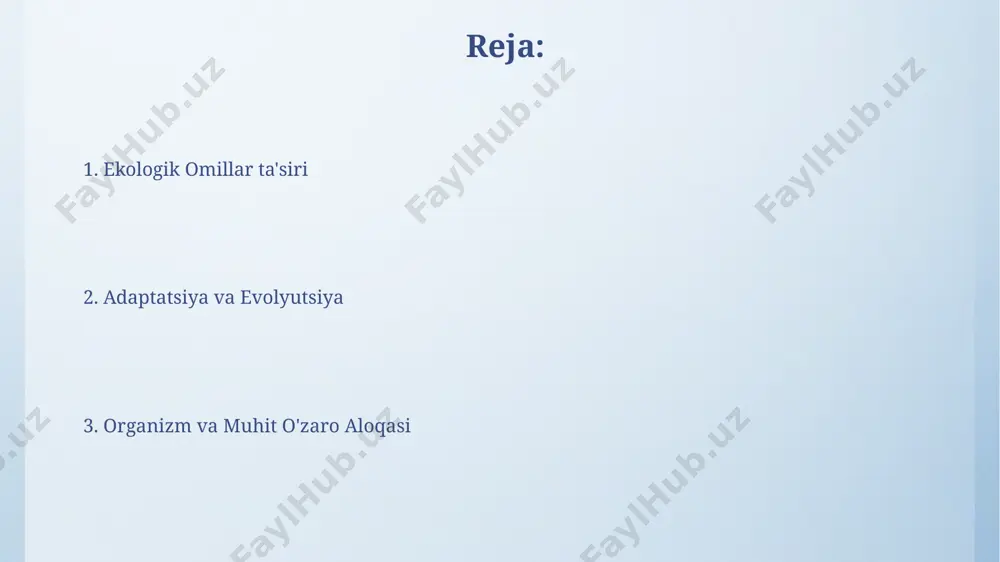 dagi ozuqa moddalarining miqdoriga, ya’ni 30% gacha ta’sir qiladi, bu esa o'simliklarning hayot faoliyatiga salbiy ta’sir ko'rsatadi. hayvonlar populyatsiyasining zichligi va tur tarkibi ekologik omillar, jumladan, oziq-ovqat resurslari miqdori va yirtqichlar soni bilan belgilanadi, masalan, 1 kvadrat kilometr maydonda 100 dan ortiq qushlar bo'lishi mumkin. inson faoliyati va ekologik muammolar inson faoliyatining 70% dan ortig'i tabiiy resurslarning haddan tashqari ekspluatatsiyasi bilan bog'liq bo'lib, bu biosfera tarkibining o'zgarishiga va global iqlim o'zgarishlariga olib keladi. sanoat korxonalarining 30% atrof-muhitga zararli chiqindilarni tozalashsiz atmosfera va suv havzalariga chiqaradi, bu esa havo va suv sifatining keskin yomonlashuviga olib keladi. organizm va muhit o'rtasidagi aloqalar biomagnifikatsiya hodisasi tufayli, yuqori trofik darajadagi organizmlarda, masalan, yirik baliqlarda, toksik moddalarning kontsentratsiyasi 1000 barobarga ko'payishi mumkin. organizm va muhit o'rtasidagi aloqalarni o'rganishda, 100 dan ortiq turdagi o'simliklarning fotosintez jarayonida karbonat angidridni 50% ga qadar yutish qobiliyati aniqlangan bo'lib, bu global isishga qarshi kurashda muhim rol o'ynaydi. e'tiboringiz uchun rahmat …