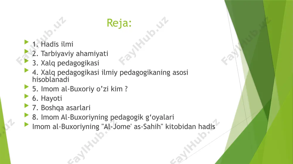 y tajribasini o‘z ichiga oladi. hayotiylik: xalq pedagogikasida qo‘llaniladigan tarbiya usullari hayotga yaqin, amaliy va xalqning ruhiyatiga mos keladi. milliy o‘zlik: xalq pedagogikasi milliy qadriyatlarni saqlash va yosh avlodga yetkazishda muhim rol o‘ynaydi. ilmiy pedagogikaga asos: ilmiy pedagogika xalq pedagogikasining eng yaxshi tajribalarini o‘rganib, ularni ilmiy asosda ishlab chiqadi va takomillashtiradi. shunday qilib, xalq pedagogikasi ilmiy pedagogika uchun qimmatli manba bo‘lib, uning rivojlanishiga turtki beradi imom al-buxoriy imom al-buxoriy (to‘liq ismi: abu abdulloh muhammad ibn ismoil ibn ibrohim ibn al-mug‘iyra al-ju’fiy al-buxoriy; hijriy 194 yil shavvol oyining 13-jumasida, milodiy 810 yil 21-iyulda buxoroda tug‘ilib, hijriy 256 yil ramazon hayitining kechasida, milodiy 870 yil 31-avgustda xartang qishlog‘ida vafot etgan) – islom olamidagi eng buyuk muhaddis, “al-jome’ as-sahih” (“ishonchli to‘plam”) hadislar to‘plamining muallifi. ilmiy merosi: imom buxoriyning ilmiy merosi islom olamida juda yuqori qadrlanadi. uning “al-jome’ as-sahih” asari asrlar davomida musulmonlar uchun muhim manba bo‘lib kelgan va hozir ham o‘z ahamiyatini yo‘qotmagan. …