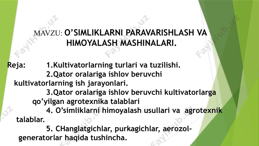 oralariga ishlov berish uchun og’ir tuproqlarda faol ishchi organli frezali kultivatorlar qo’llaniladi. g’o’za qator oralariga ishlov berish uchun krx-4, krx-3,6, kxu-4 va kxm-4 rusumli kultivatorlar ishlatiladi. oziqlantirgich qurilma bilan jihozlangan chopiq kultivatorlari kultivator-o’simlik oziqlantirgich deb ataladi. ma’lum turdaga ishlarni bajaradigan (maxsus) kultivatorlar toshli yerlarga, bog’lar daraxtlari orasiga, daraxtzor yerlarga ishlov berish uchun mo’ljallangan bo’lib, ular bu sharoitlarda yuqori sifatli ishni ta’minlash uchun maxsus moslamalar bilan jihozlangan kxu-4 kultivator-oziqlantirgich g’o’za va boshqa ishlov beriladigan qator orasi kengligi 60,70 va 90 sm hamda to’rt qatorli seyalkalar bilan ekilgan uzun poyali o’simliklarga vegetatsiya davrida ishlov berish uchun mo’ljallangan kxu-4 kultivator-oziqlantirgichning umumiy tuzilishi 1,10 – g’ildirak suyrilari; 2 - old sektsiya (bo’linma); 3 - val; 4 - dasta; 5 - orqa sektsiya (bo’linma); 6 - taranglovchi qurilma; 7 - o’g’it apparati; 8 - o’g’it soshnigi; 9 - tutkich; 11 - tortqi; 12 - oyoq tagligi; 13 - kronshteyn; 14 - to’rt zvenolik qismi. kultivatorning …