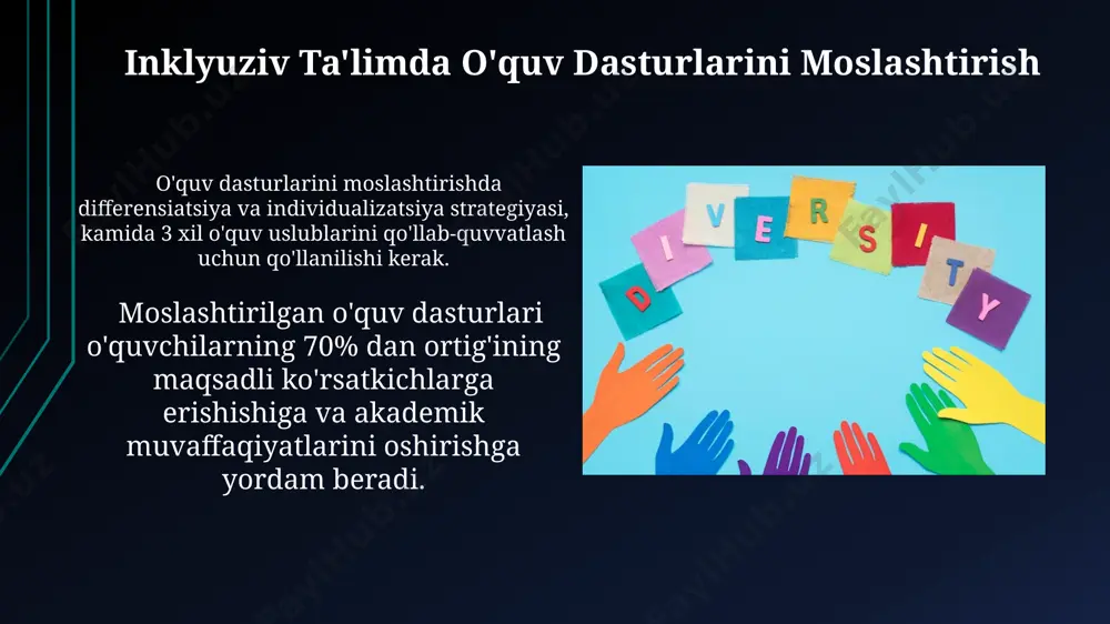 larni mustahkamlaydi va hamkorlik qilish ko'nikmalarini oshiradi. integratsiyalashgan ta'lim, turli ehtiyojlarga ega bo'lgan 5-10 nafar o'quvchining o'zaro ta'sirini ta'minlab, ularning o'rganishga bo'lgan motivatsiyasini va o'z-o'zini anglashini rivojlantiradi. o'qituvchilarning rol va mas'uliyati kamida 50% dars vaqtini inklyuziv pedagogik usullar, masalan, hamkorlikdagi o'rganish va differensiatsiya kabi usullarni qo'llashga bag'ishlashi lozim. o'qituvchilar ota-onalar va maxsus ehtiyojlarga ega bolalarni qo'llab-quvvatlaydigan mutaxassislar bilan samarali hamkorlik qilish orqali o'quv jarayonini optimallashtirishlari kerak. inklyuziv ta'limda baholash usullari inklyuziv ta'limda o'quvchilarning yutuqlarini baholashda 360 daraja baholovchi tizimlardan, ya'ni o'qituvchi, o'quvchi, ota-onalar va tengdoshlarning fikrlarini birlashtiruvchi usullardan foydalanish samarali hisoblanadi. portfel baholash usuli yordamida o'quvchining o'sishini kuzatish va kamida 5 ta asosiy ko'rsatkich (masalan, bilim, ko'nikma, ijodkorlik, muloqot, hamkorlik) bo'yicha taraqqiyotini hujjatlash mumkin. e'tiboringiz uchun rahmat @taqdimot_robot image1.jpg image2.jpg image3.jpg image4.jpg image5.jpg image6.jpg image7.jpg image8.jpg image9.jpg image10.jpg image11.jpg