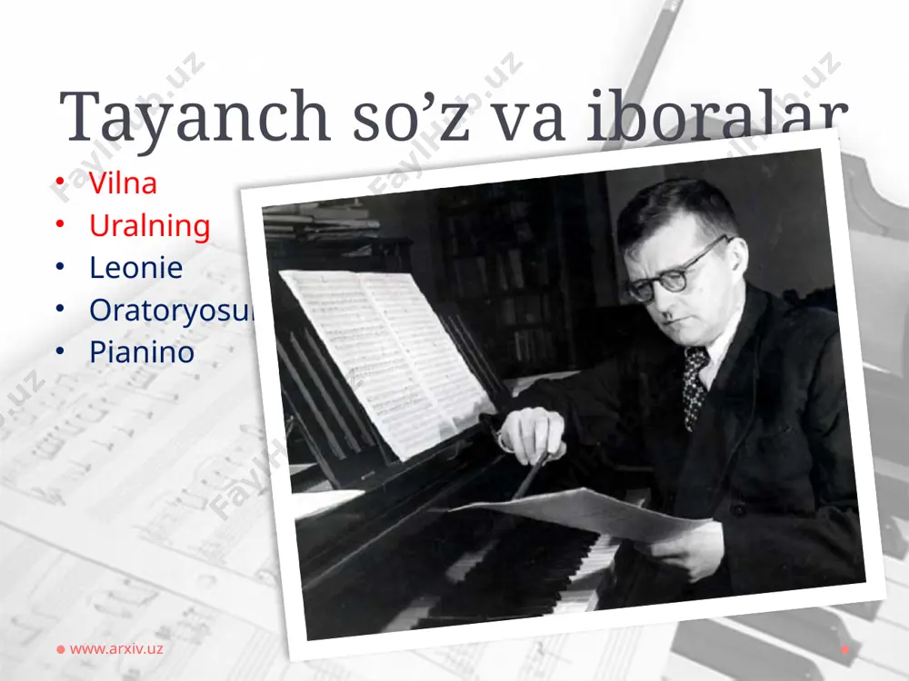 uyg'unsiz va modal unsurlari, birlashtiradi, juda katta. www.arxiv.uz oratoryo va simfoniyalar, dörtlü, kontsertlar, opera va vokal tsikli muallifi sifatida, shostakovich teatr ishlab va filmlar uchun musiqa bastalagan. uning asarlari chuqur talab va (eng yaxshi psixologik roman kabi) "vchityvaniya" uzoq muddat quloq. va u ham ishlari tezda mashhur bo'ldi. ikkinchi jahon urushi paytida namoyon sovet xalqining jasorati, bag'ishlangan va "leningrad symphony", - romantik 30s bilan bog'liq musiqa - bunday "qarama-qarshisida song" deb. biroq, ijodkorlik shostakovich barcha janrlarida - o'tgan kunlar musiqa, ularga zamonaviy avlodni va keyingi aytaman. www.arxiv.uz yoshlik davri dmitriy shostakovich mendeleev 1906 yilda, ijara shahar kalibrlash chodiriga [20] [k 1] uchun birinchi qavatda echib ko'cha podolsk, uy raqami 2 yilda tug'ilgan. 1915 yilda shostakovich tijorat maktabda shidlovskaya mary kirdi va shu bilan birga, uning birinchi jiddiy musiqa tajribasi haqida: yosh shostakovich u jiddiy musiqa payidan bo'ldim dedi rimskiy-korsakov ning "chor saltan haqidagi ertak" tomonidan operaga tashrifi so'ng. birinchi pianino …
