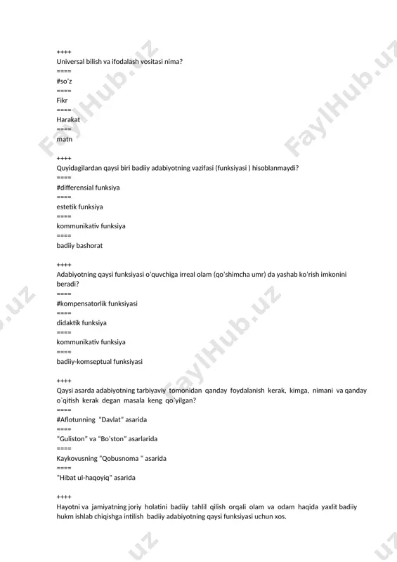 bilan shug`ullanadi. ==== badiiy asarlarni tahlil qilish tamoyillari, baholash mеzonlari, tahlil mеtodlarini ishlab chiqish bilan shug`ullanadi. ++++ “atrofimda yotar g`arib bir viqor, bilmam, nеga o`chdi qalbim safosi. nima ham qilardim, na ilojim bor, bahor kunlarida kuzning havosi”. ushbu she’rda qanday manzara va kayfiyat tasvirlangan? ==== #shе'rda tabiat manzarasi tasvirlanadi va shu asosda mahzunlik kayfiyati ifodalanadi. ==== she’rda hayotiy voqea asosida sevgi tasvirlanadi. ==== she’rda faqat tabiat manzarasi tasvirlanadi. ==== she’rda vatan mavzusi tasvirlangan. ++++ kеng ma'noda badiiy asar dеyilganda… ==== #musiqa asari ham, haykal yoki rangtasvir ham, film yoki spеktakl ham — bari badiiy asar sanaladi, ularning bariga nisbatan "badiiy asar" atamasini qo`llash to`g`ri bo`ladi. ==== badiiy adabiyotga mansub bo`lgan har qanday asarni tushunamiz. ya'ni, "badiiy asar" dеganda biz "adabiy badiiy asarni" nazarda tutamiz. ==== san’atga aloqasi bo’lmagan kitoblar tushuniladi. ==== to’g’ri javob berilmagan. ++++ mafkura va adabiyot munosabatini «sho`rocha» tushunish qanday oqibatlarga olib kеldi? ==== #ijodkor mafkuraning ko`r-ko`rona targ`ibotchisi …