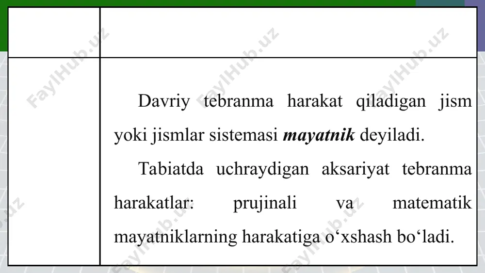 rg‘un muvozanat vaziyatida bo‘lganda moddiy nuqtaning og‘irligi (p = mg) taranglik kuchi t ni muvozanatlaydi (5.4-rasm). chunki ularning modullari teng bo‘lib, bir to‘g‘ri chiziq bo‘ylab, qarama-qarshi tomonga yo‘nalgan. agar mayatnikni α burchakka og‘dirsak, mg va t kuchlar o‘zaro burchak tashkil qilib yo‘nalganligi uchun bir-birini muvozanatlay olmaydi. bunday kuchlarning qo‘shilishidan mayatnikni muvozanat vaziyatiga qaytaruvchi kuch vujudga keladi. mayatnikni qo‘yib yuborsak, mayatnik qaytaruvchi kuch ostida muvozanat vaziyati tomon harakat qila boshlaydi. 5.4-rasmdan fq=psinα=mg·sinα (5.18) ekanligini ko‘ramiz. nyutonning ikkinchi qonuniga ko‘ra, fq kuch moddiy nuqtaga a tezlanish beradi. shuning uchun –mg sinα=ma. (5.19) matematik mayatnik tebranish davrini aniqlovchi bu formula gyugens formulasi deb ataladi. bundan matematik mayatnikning quyidagi qonunlari kelib chiqadi: 1) matematik mayatnikning og‘ish burchagi (α) kichik bo‘lganda tebranish davri uning tebranish amplitudasiga bog‘liq emas. 2) matematik mayatnikning tebranish davri unga osilgan yukning massasiga ham bog‘liq emas. 3) matematik mayatnikning tebranish davri uning uzunligidan chiqarilgan kvadrat ildizga to‘g‘ri proporsional va erkin tushish …