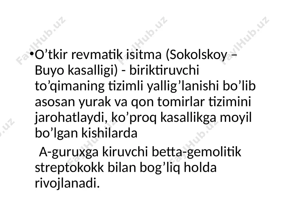 ya – xusnixat o`zgarishi, talaffuzni tushunarsizligi va xarakatlarning noqulayligi bilan kuzatiladigan qul va oyoqlarning, mimik muskullarning o`ziga bog`liq bo`lmagan xaotik xarakatlari. o`tkir revmatik isitma diagnostikasi uchun qo`llaniladigan kissel - djons diagnostik mezonlari (arr, 2003 modifikasiyasida) 1. katta mezonlar 1.1 kardit 1.2 poliartrit 1.3 xoreya 1.4 teri osti revmatik tugunlari 1.5 xalqasimon eritema qo`shimcha mezonlar: - a. umumiy: 2.1 tana xaroratini ko`tarilishi 2.2 adinamiya, tez charchash, jizzakilik 2.3 teri qoplamlarining rangparligi 2.4ko`p terlash 2.5 burun qonashi 2.6 abdominal sindrom b. maxsus (laborator ko`rsatkichlar) 3.1 leykositoz (neytrofil) 3.2 disproteinemiya, echt oshishi 3.3 qondagi patologik serologik ko`rsatkichlar: aslo, ask, asg titrlarni oshishi. 3.4 kapillyarlar o`tkazuvchanligini oshishi. revmatik isitma tasnifi va nomenklaturasi (арр, 2003) klinik variantlar klinik ko’rinishlari natija qaye bosqichi ксв nyha asosoiy qo’shimcha o’tkir revmatik isitma qaytalama revmatik isitma kardit artrit xoreya halqasimon erityema revmatik tugunlar isitma artralgiya abdominal sindrom serozitlar sog’аyish surunkali yurak revmatik kаsаlligi yurak illati bilan yurak illatisiz 0 …