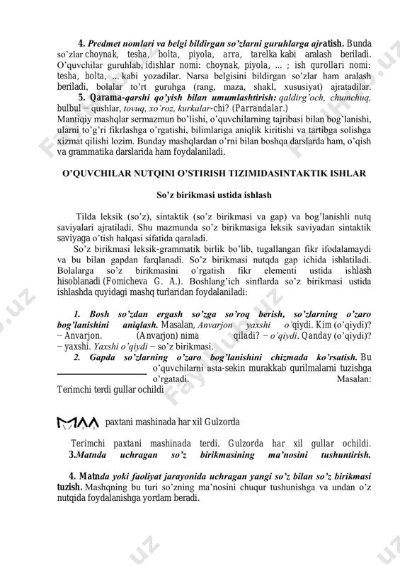 q: 1) so‘zga e’tibor bilan munosabatda bo‘lish, o‘quvchilarning ko‘p mutolaa qilishi, atrofidagi kishilarning to‘g‘ri va ifodali nutqi, ya’ni nutqiy sharoit; 2) bolalarning nutqiy tajribasi qanday tashkil etilishi; 3) nutq o‘stirishda o‘qituvchining til nazariyasiga, grammatikaga, leksikologiya va stilistika elementlariga asoslanish ko‘nikmasi. boshlang’ich sinflarda bunday xatolar ustida ishlash ancha qiyin, chunki ularni to’g’rilash va oldini olish uchun ona tili dasturida berilgan qisqa nazariy ma’lumot yetarli emas. bolalar nutqini takomillashtirish ustida rejali, muntazam ish olib borish uchun asosiy nutqiy xatolar turini bilish zarur. bunday nutqiy xatolarni o’rganish, shuningdek, ularning kelib chiqish sabablarini tekshirish xatolarni to’g’rilash va oldini olish uchun zamin hozirlaydi. nutqiy xatolar uch turga ajratiladi: lug’aviy-uslubiy, morfologik- uslubiy, https://azkurs.org/qarshi-davlat-universiteti-pedagogika-fakulteti-boshlangich-ta-v3.html https://azkurs.org/1-badiiy-matnning-morfologik-xususiyatlari-ijobiy-va-salbiy-bo.html sintaktik-uslubiy.boshlang’ich sinflarda lug’aviy-uslubiy xatolar ko’proq uchraydi. bunday xatolarga quyidagilar kiradi: 1. bir so’zni qayta-qayta ishlatish. bunday xatoning kelib chiqishiga sabab, birinchidan, o’quvchi so’zni ishlatishga kam e’tibor beradi va faol lug’atidagi so’zdan takroriy foydalanadi; ikkinchidan, o’quvchining so’z boyligi kam, sinonimlarni bilmaydi, takrorlanadigan so’zlar …