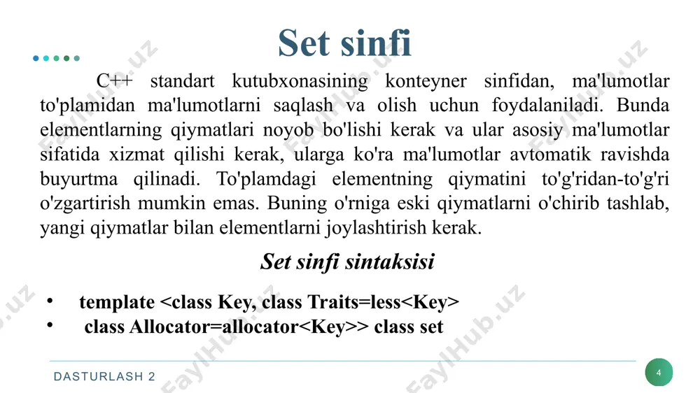 ular map da va multimap sinflarida mosligi uchun farq qiladi. multiset sinfi multiset - bir xil kalitlar bilan ishlovchi turlar va funksiyalarga ega konteynerdir. set sinfida mavjud barcha barcha funksiyalar multimap sinfi uchun ham qo’llaniladi. faqat mavjud elementlarga murojaat qilishda funksiya sintaksisi o’zgarishi mumkin. dasturlash 2 map sinfi 15 har bir element ma'lumotlar qiymati va saralash kalitiga ega bo'lgan to'plamdan ma'lumotlarni saqlash va olish uchun ishlatiladi. kalit qiymati noyobdir va ma'lumotlarni avtomatik saralash uchun ishlatiladi. map da elementning qiymati to'g'ridan-to'g'ri o'zgartirilishi mumkin. kalit qiymati doimiy bo'lib, uni o'zgartirib bo'lmaydi. buning o'rniga eski elementlar bilan bog'liq bo'lgan kalit qiymatlarni o’chirish va yangi elementlarga yangi kalit qiymatlarini kiritish kerak. map va multimap - konteyner sinf shablonlarini va ularning yordamchi shablonlarini belgilaydi. kutubxonasi, shuningdek include direktivasidan foydalanadi. map va multimap uchun quyidagi operatorlar qayta yuklangan: dasturlash 2 map sinfi. misol 16 value_type turi va at(), insert() funksiyalari dasturlash 2 const_iterator turi va erase …