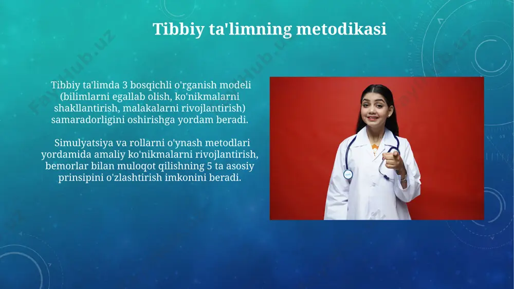 nishi muhim. klinik ta'limning o'ziga xos xususiyatlari klinik ta'limda amaliy ko'nikmalarni shakllantirishga 70% gacha vaqt ajratish, nazariy bilimlarni esa 30% ga qisqartirish samarali pedagogik yondashuv hisoblanadi. bemorlar bilan muloqot qilish, diagnostika va davolash jarayonlarini o'rgatishda simulyatsiya texnologiyalaridan foydalanish, ta'lim sifatini 2 barobar oshirishi mumkin. tibbiyot xodimlarini malaka oshirish tizimi davlat tomonidan belgilangan me'yorlarga ko'ra, har 5 yilda kamida 72 soatlik malaka oshirish kurslarini tamomlash tibbiyot xodimlari uchun majburiy hisoblanadi. malaka oshirish kurslari turli formatlarda, jumladan, onlayn o'qitish, amaliy mashg'ulotlar va simulyatsion treninglar orqali 30 dan ortiq fan bo'yicha taklif etiladi. simulyatsion ta'lim simulyatsion ta'limda qo‘llaniladigan yuqori texnologiyalar, masalan, virtual va kengaytirilgan reallik (vr/ar), talabalarning 5 dan 10 gacha murakkab klinik holatlarni mustaqil ravishda tahlil qilish imkoniyatini beradi. tibbiyot ta'limi simulyatsion usullaridan foydalanish natijasida xatoliklar soni 15% ga kamayib, bemorlar xavfsizligi va davolanish samaradorligi oshadi, bu esa klinik amaliyotga tayyorgarlikni yaxshilaydi. e'tiboringiz uchun rahmat @taqdimot_robot image3.png image4.jpg image5.jpg image6.jpg image7.jpg image8.jpg …