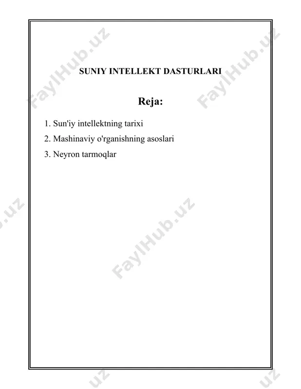 dan ishlab chiqildi, bu tilning sun'iy intellektni har xil shakllarda rivojlantirishda muhim oʻrni bo‘lgan. 5. **musiqiy yutuqlar**: 1965 yilda ibm tomonidan ishlab chiqilgan kompyuter klassik kompozitsiyani amalga oshirdi va bu musiqa sohasida sun'iy intellektning qobiliyatlarini ko'rsatdi. 6. **1980-yillar**: 1980-yillarda sun'iy intellekt sohasida katta muvaffaqiyatlar kuzatildi. "ekspert tizimlar" sining tijoratlashuvi va sanoat qoʻllanilishi uchun ishlab chiqildi. dendral va mycin kabi dasturlar diagnostika va kimyo sohasida muvaffaqiyat qozonishdi. bu tizimlar tibbiyot va ilmiy sohalarda inqilobiy yutuqlarni taqdim etdi. 7. **1990-yillar**: 1997-yilda ibm tomonidan ishlab chiqilgan "deep blue" kompyuteri garrik kasparovni, jahon shaxmat chempionini mag'lub etdi. bu sun'iy intellektning murakkab vazifalarni hal qilish qobiliyatidan dalolat beruvchi muhim voqea edi. 8. **2000-yillar**: 2000-yillarning boshlarida internetning keng tarqalishi tufayli sun'iy intellektning rivojlanishi tezlashdi. chatbotlar va avtonom agentlar ijtimoiy tarmoqlar va foydalanuvchilarni qo'llab-quvvatlashda keng qo'llanildi. 9. **2010-yillar**: 2012-yilda "deep learning" yutuqlari tufayli ikkita muhim yutuq sodir bo'ldi – imagenet raqobatida katta muvaffaqiyatga erishildi. bu vaqtda tensorflow …
