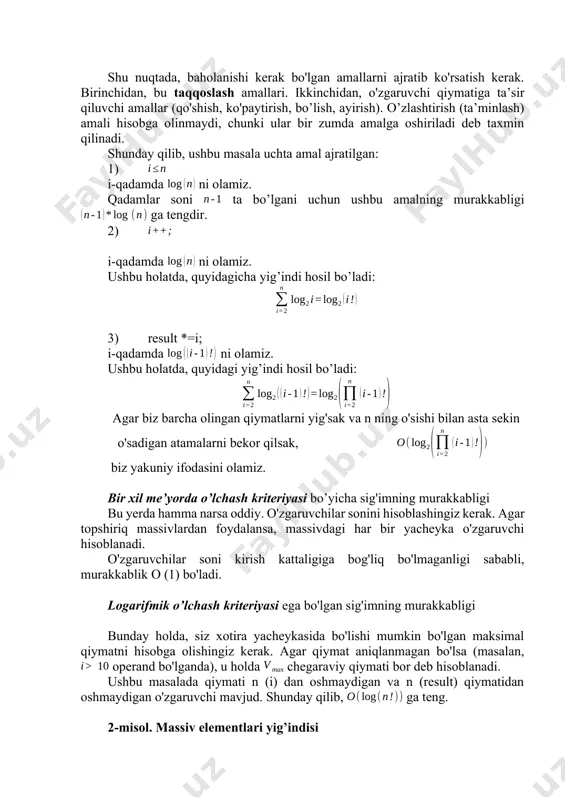 cha yaxshi, ammo shoshilmaslik kerak. keling, "pufaksimon tartiblash" algoritmini baholaymiz: eng yaxshi holat eng yomon holat (1) do { (2) f=false; 1 n (3) for(int i=0; i a[i+1]) n-1 n(n-1) { (5) t=a[i]; 0 n(n-1) (6) a[i]=a[i+1]; 0 n(n-1) (7) a[i+1]=t; 0 n(n-1) (8) f=true; 0 n(n-1) (9) } (10) }while(f); 1 n “pufaksimon saralash” algoritmi uchun eng yaxshi baho 2n + 1 ga teng. eng yomon ko'rsatkich 6n2-4n. endi biz bir xil masalani yechadigan ushbu ikkita algoritmni taqqoslashimiz mumkin. pufaksimon usul "yaxshi" ma'lumotlar uchun yaxshiroq ishlaydi, ammo "yomon" ma'lumotlar uchun tanlash usuli yordamida saralashdan deyarli uch baravar ko'proq vaqt talab etiladi. shunday qilib, qaysi saralash algoritmini tanlashingiz algoritmingiz uchun qanday ma'lumotni kutayotganingizga bog'liq. agar massivlar saralanishi yoki deyarli saralanishi kutilayotgan bo'lsa, u holda “pufaksimon saralash” uslubiga ustunlik berish kerak. agar massivlar saralanishi yoki deyarli saralanishi kerak bo'lsa teskari tartibda “tanlash” usulida saralashga ustunlik berish kerak. shuni ta'kidlash kerakki, har …