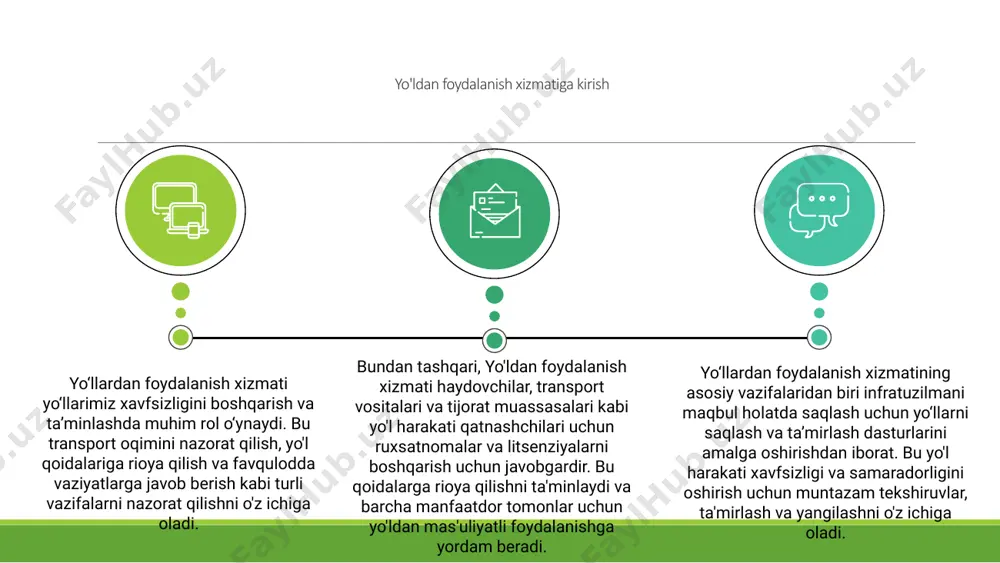 shga va jamiyat uchun umumiy transport tajribasini yaxshilashga yordam beradi. 01 1 2 3 yo'ldan foydalanish xizmatining asosiy vazifalari davlat idoralari, transport kompaniyalari va mahalliy hamjamiyat kabi turli manfaatdor tomonlar bilan hamkorlikni o'z ichiga oladi. bu hamkorlik yoʻl infratuzilmasidan samarali foydalanishni taʼminlaydi, tirbandlikni kamaytiradi va barcha yoʻl harakati qatnashchilari uchun xavfsizlikni oshiradi. yo'ldan foydalanish xizmatida muvofiqlashtirish transport oqimini boshqarish, yo'llarni saqlash va favqulodda vaziyatlarda harakat qilish uchun samarali strategiyalarni rejalashtirish, monitoring qilish va amalga oshirishni o'z ichiga oladi. yo'ldan foydalanish xizmatida hamkorlik va muvofiqlashtirish yo‘llarimizda transport harakatining bir tekis va xavfsiz harakatlanishini ta’minlashda yo‘ldan foydalanish xizmati hal qiluvchi rol o‘ynaydi. texnologik innovatsiyalar bilan ushbu xizmat harakatlanish tartibini kuzatishi, yo'l tarmoqlarini optimallashtirishi va intellektual transport tizimlarini joriy qilishi mumkin. 03 yo'ldan foydalanish xizmatining asosiy vazifalaridan biri transport tirbandligini kamaytirish va transport tizimlarining umumiy samaradorligini oshirishdir. haqiqiy vaqt rejimida trafik ma'lumotlarini tahlil qilish va aqlli trafikni boshqarish tizimlari kabi ilg'or texnologiyalardan foydalanish …