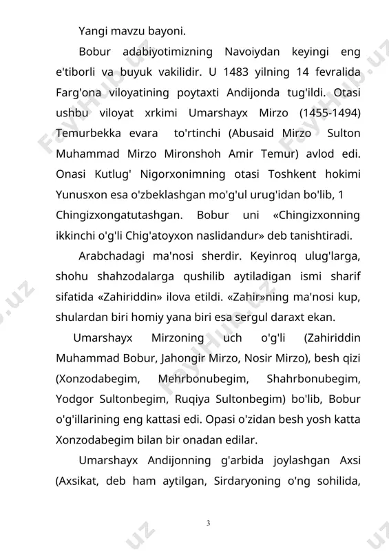 maydi. qaytib ketishga majbur bo'ladi. sharoitdan foydalanib qolmoqchi bo'lgan koshg'ar va xo'tan hokimi abobakr dug'latning ham o'zgand yaqinidagi harakatlariga chek qo'yiladi. qo'ldan chiqqan yerlarning kupi qaytib olinadi. dushman bartaraf qilingach, umarshayx mirzoning azasi barcha rasm-rusumi bilan o'tkaziladi. shu orada boburning ukasi jahongir mirzoni shoh qilish niyati bilan yurgan hasan ya'qub boshliq fitnachilar fot etiladi. akasi sulton ahmad o'lgach, unga tobe samarkand va buxoroni o'z qo'liga olgan sulton mahmud ham vafot etadi. 12 yoshli boburdastlab shayx mazidbek, so'ng boboquli boboalibek, qosim qavchin kabi beklar yordamida hokimiyatni idora qilishga kirishadi. 1495 yilda sulton mahmudning o'g'illari boburning amakivachchalari sulton mas'ud va boysung'ur mirzolar samarkand uchun qurash boshlaydilar. samarkand ukalari sulton ali qulida edi. bobur ham baxtini sinab ko'rgani samarqandga yo'l oladi. samarqand buyuk temurbekning poytaxti edi. uni egallash har bir temuriyzodaning eng ulug' orzusi edi. xullas, yosh bobur qo'shin tortib samarqandni qamal qiladi. biroq, sulton ali o'rtaga do'stlik, ittifoqlikni qo'yib, odam yuboradi. bobur …