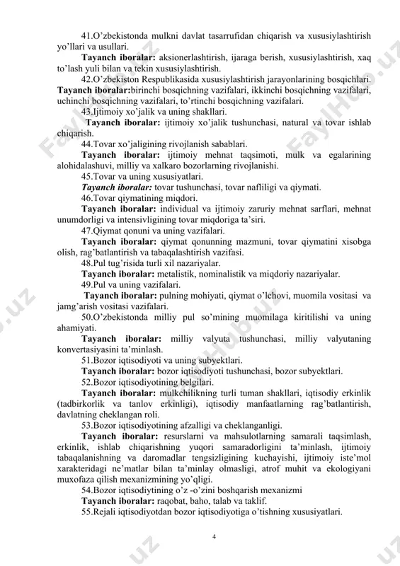 sivligining tovar miqdoriga ta’siri. 47.qiymat qonuni va uning vazifalari. tayanch iboralar: qiymat qonunning mazmuni, tovar qiymatini xisobga olish, rag’batlantirish va tabaqalashtirish vazifasi. 48.pul tug’risida turli xil nazariyalar. tayanch iboralar: metalistik, nominalistik va miqdoriy nazariyalar. 49.pul va uning vazifalari. tayanch iboralar: pulning mohiyati, qiymat o’lchovi, muomila vositasi va jamg’arish vositasi vazifalari. 50.o’zbekistonda milliy pul so’mining muomilaga kiritilishi va uning ahamiyati. tayanch iboralar: milliy valyuta tushunchasi, milliy valyutaning konvertasiyasini ta’minlash. 51.bozor iqtisodiyoti va uning subyektlari. tayanch iboralar: bozor iqtisodiyoti tushunchasi, bozor subyektlari. 52.bozor iqtisodiyotining belgilari. tayanch iboralar: mulkchilikning turli tuman shakllari, iqtisodiy erkinlik (tadbirkorlik va tanlov erkinligi), iqtisodiy manfaatlarning rag’batlantirish, davlatning cheklangan roli. 53.bozor iqtisodiyotining afzalligi va cheklanganligi. tayanch iboralar: resurslarni va mahsulotlarning samarali taqsimlash, erkinlik, ishlab chiqarishning yuqori samaradorligini ta’minlash, ijtimoiy tabaqalanishning va daromadlar tengsizligining kuchayishi, ijtimoiy iste’mol xarakteridagi ne’matlar bilan ta’minlay olmasligi, atrof muhit va ekologiyani muxofaza qilish mexanizmining yo’qligi. 54.bozor iqtisodiytining o’z -o’zini boshqarish mexanizmi tayanch iboralar: raqobat, baho, …