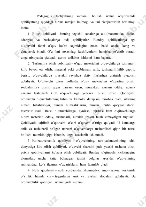 belgilar asosida, o’quvchining ruhiyatidagi ko’z ilgamas o’zgarishlarni ham faxmlab oladi. 4. nutk qobiliyati – nutk yordamida, shuningdek, imo – ishora vositasida o’z fikr hamda xis – tuygularini anik va ravshan ifodalash qobiliyati. bu o’qituvchilik qobiliyati uchun juda muxim. 5. tashkilotchilik qobiliyati – birinchidan, o’quvchilar jamoasini uyushtirish, jipslashtirish, muxim vazifalarni xal etishda ruhlantirishni, ikkinchidan, o’z ishini to’g’ri uyushtirishni nazarda tutadi. 6. obru orttira olish qobiliyati – o’quvchilarga bevosita emotsional – irodaviy ta‘sir ko’rsatish va shu asosda obru kozona olishdir. obru faqat shu asosda emas, balki o’qituvchining fanni yaxshi bilishi, mehribonligi, nazokatliligi va bashqa asosida ham kozonadi. bu qobiliyat o’qituvchi shaxsiy sifat bir majmuasiga, xususan, irodaviy sifatlariga (dadilligi, chidamliligi, kat‘iyligi, talabchanligi va bashqalarga) o’quvchilarga ta‘lim – tarbiya berish mas‘uliyatini xis etishga ham bog’liqdir. o’quvchilar ko’pollik kilmaydigan, ko’rkitmaydigan, to’g’ri talab kuya oladigan o’qituvchilarni juda xurmat kiladilar. bushang, lakma, irodasiz, printsipsiz o’qituvchilarni bolalar yoktirmaydilar. bolalar bilan to’g’ri muomala kila olish, bolalar bilan dustlasha olish, …