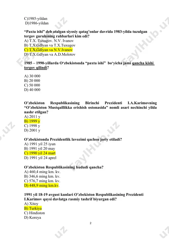 hrif biyurgan edi? a) xitoy b) turkiya c) hindiston d) koreya mustaqil o’zbekiston respublikasida birinchi muqobil prezidentlik saylovlari qachon bo’lib o’tgan edi? a) 1991 yil 31 avgustda b) 1990 yil 24 martda c) 1991 yil 29 dekabrda d) 1992 yil 2 martda o’zbekiston respublikasi nechta davlat bilan chegaradosh? a) 4 ta b) 5 ta c) 6 ta d) 7 ta o’zbekistonda “o’zbek tiliga davlat tili maqomini berish to’g’risida”gi qonun qachon qabul qilingan edi? a) 1990 yil 20 iyunda b) 1991 yil 18 noyabrda c) 1989 yil 21 oktyabrda d) 1990 yil 24 martda moskvada harbiy tо‘ntarishga urinish (favqulodda holat davlat komissiyasi) qachon sodir bо‘lgan edi? a) 1990- yil 19-21-noyabr kunlari b) 1990- yil 19-21-oktyabr kunlari c) 1991- yil 19-21-avgust kunlari d) 1991- yil 19-21-fevral kunlari 1992 yil 10 dekabrda o’zbekiston respublikasining qaysi davlat ramzi qabul qilingan edi? a) davlat gerbi b) davlat madhiyasi c) konstitutsiya d) davlat bayrog’i davlat va …